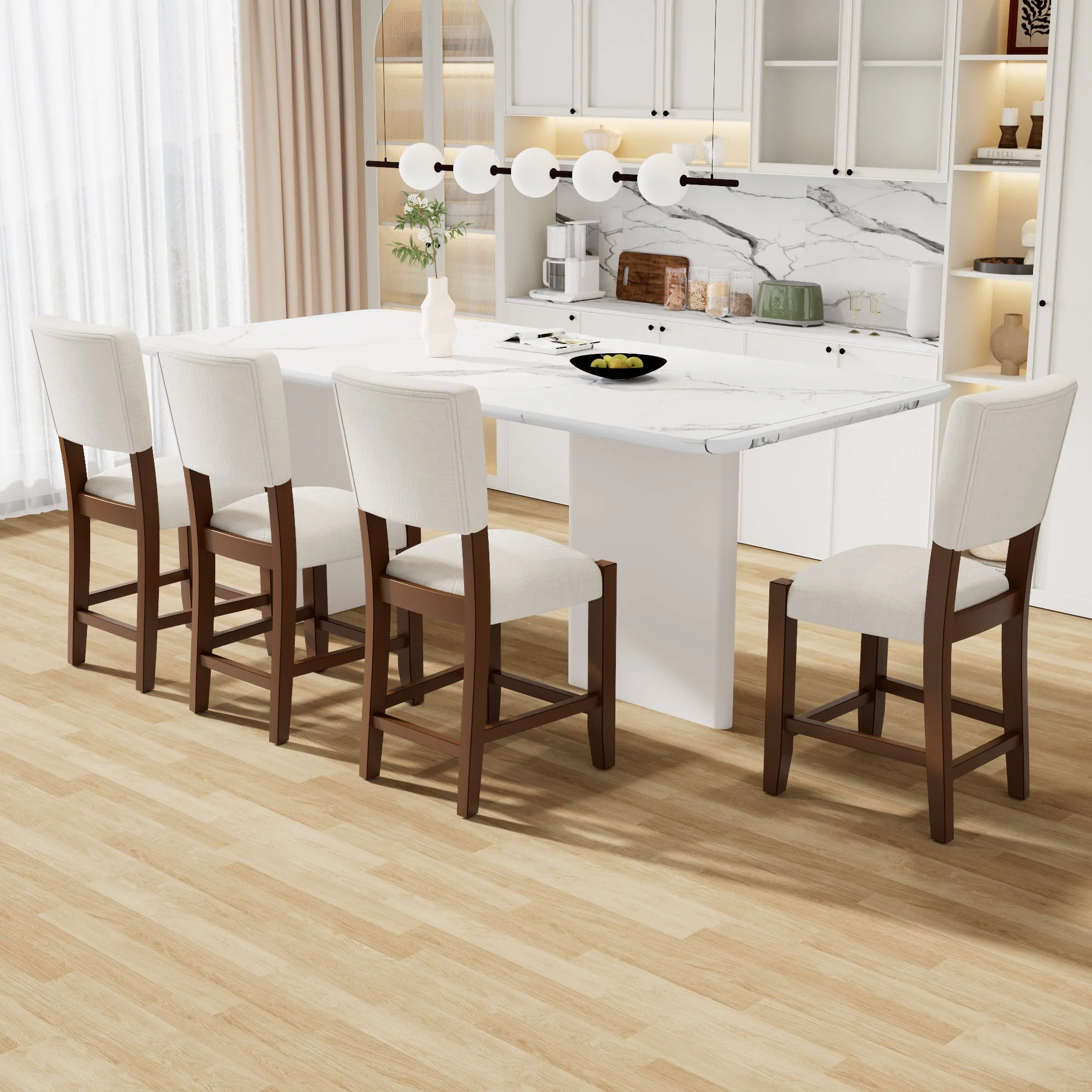 Set of 4 Mid-Century Modern Bar Stools, 40 in Linen Upholstered Counter Chairs with Rubber Wood Legs, Off White - Image 4