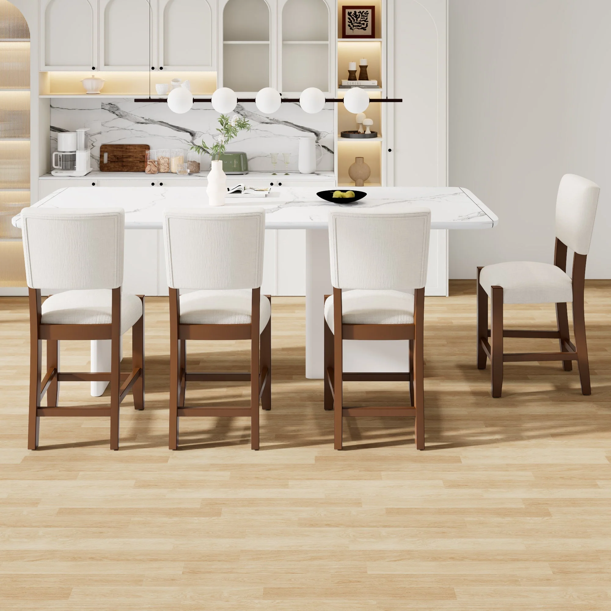 Set of 4 Mid-Century Modern Bar Stools, 40 in Linen Upholstered Counter Chairs with Rubber Wood Legs, Off White - Image 5