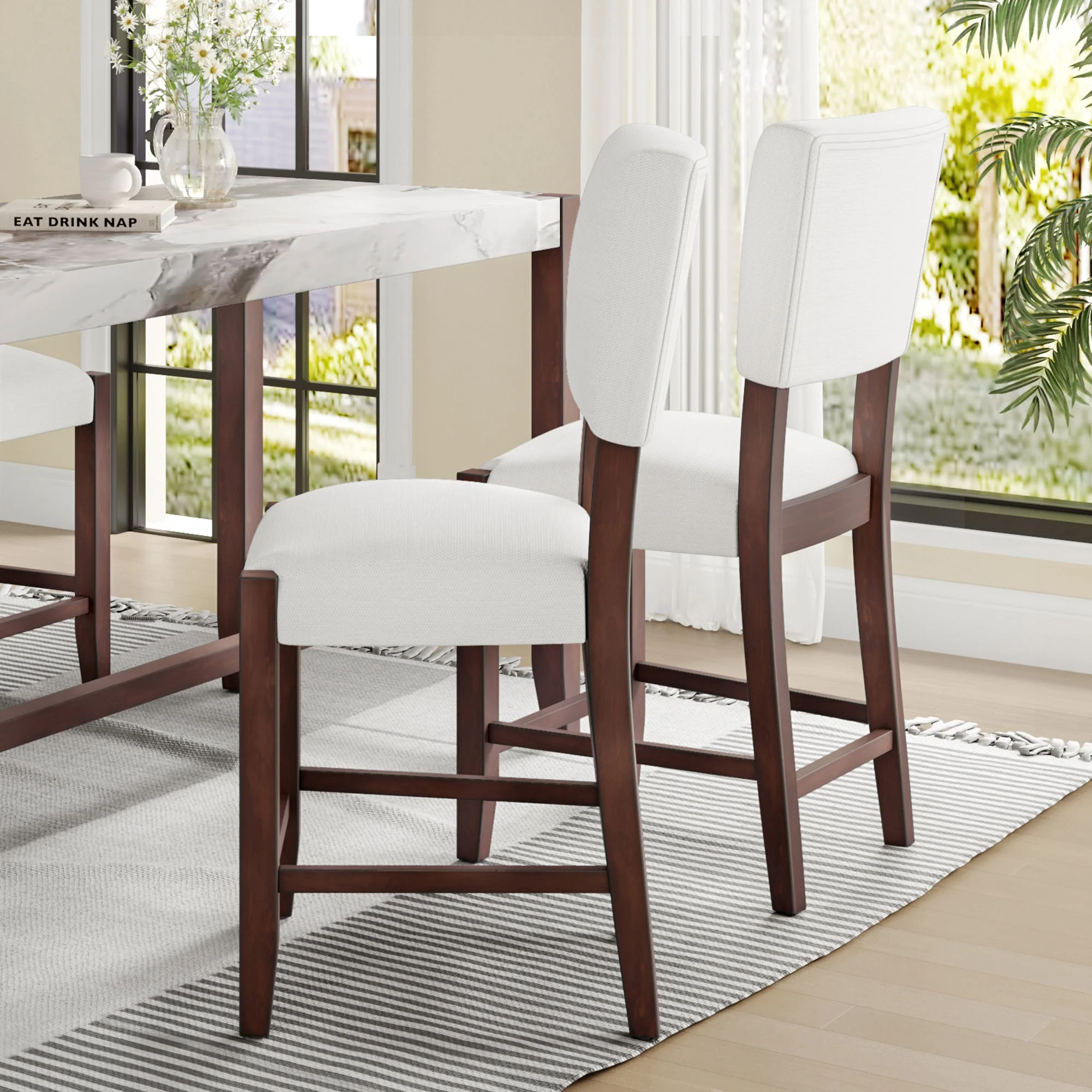 Set of 4 Mid-Century Modern Bar Stools, 40 in Linen Upholstered Counter Chairs with Rubber Wood Legs, Off White - Image 6
