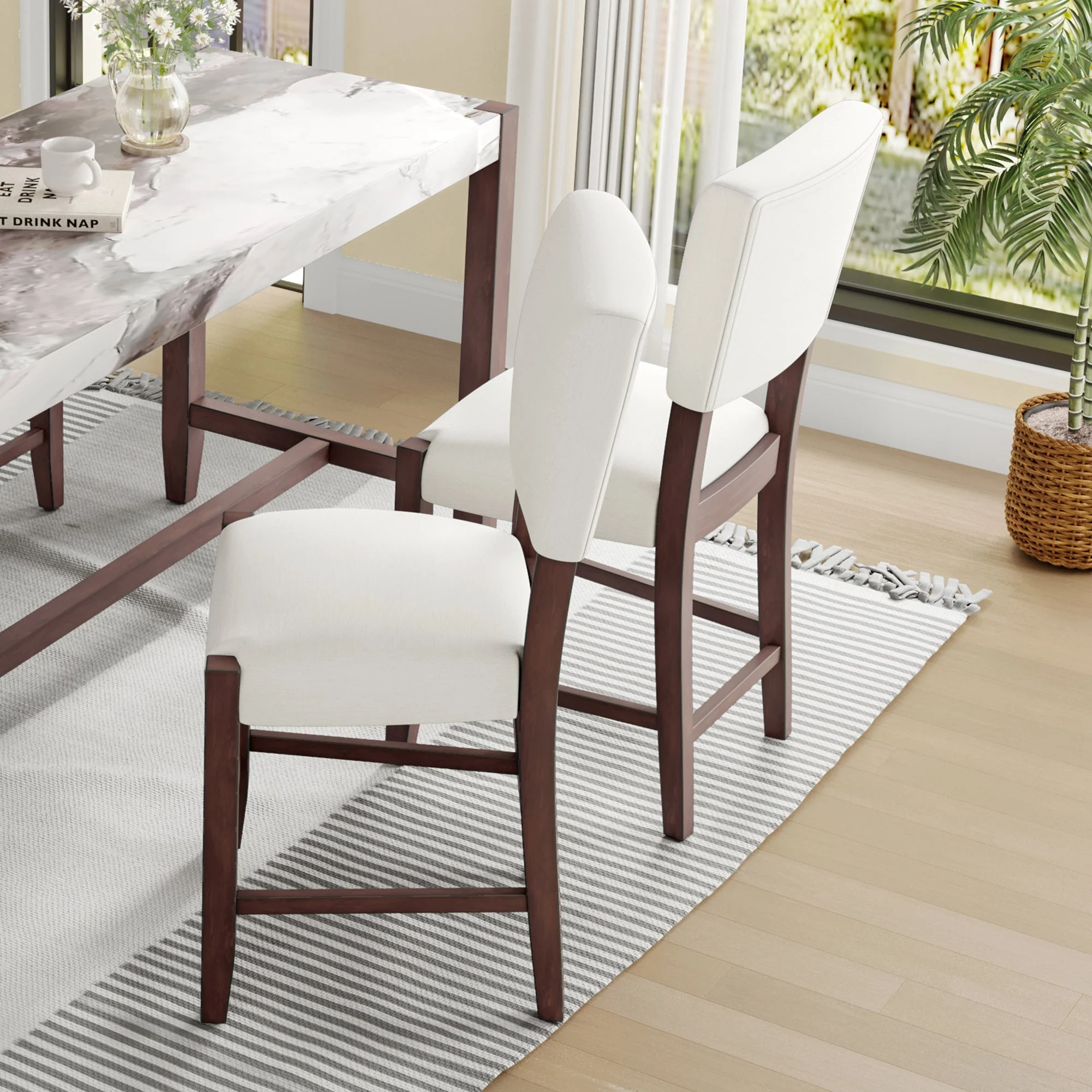 Set of 4 Mid-Century Modern Bar Stools, 40 in Linen Upholstered Counter Chairs with Rubber Wood Legs, Off White - Image 7