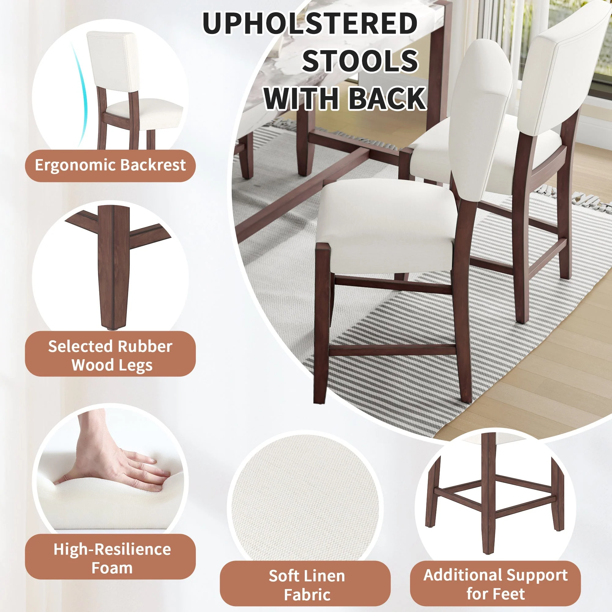 Set of 4 Mid-Century Modern Bar Stools, 40 in Linen Upholstered Counter Chairs with Rubber Wood Legs, Off White - Image 8