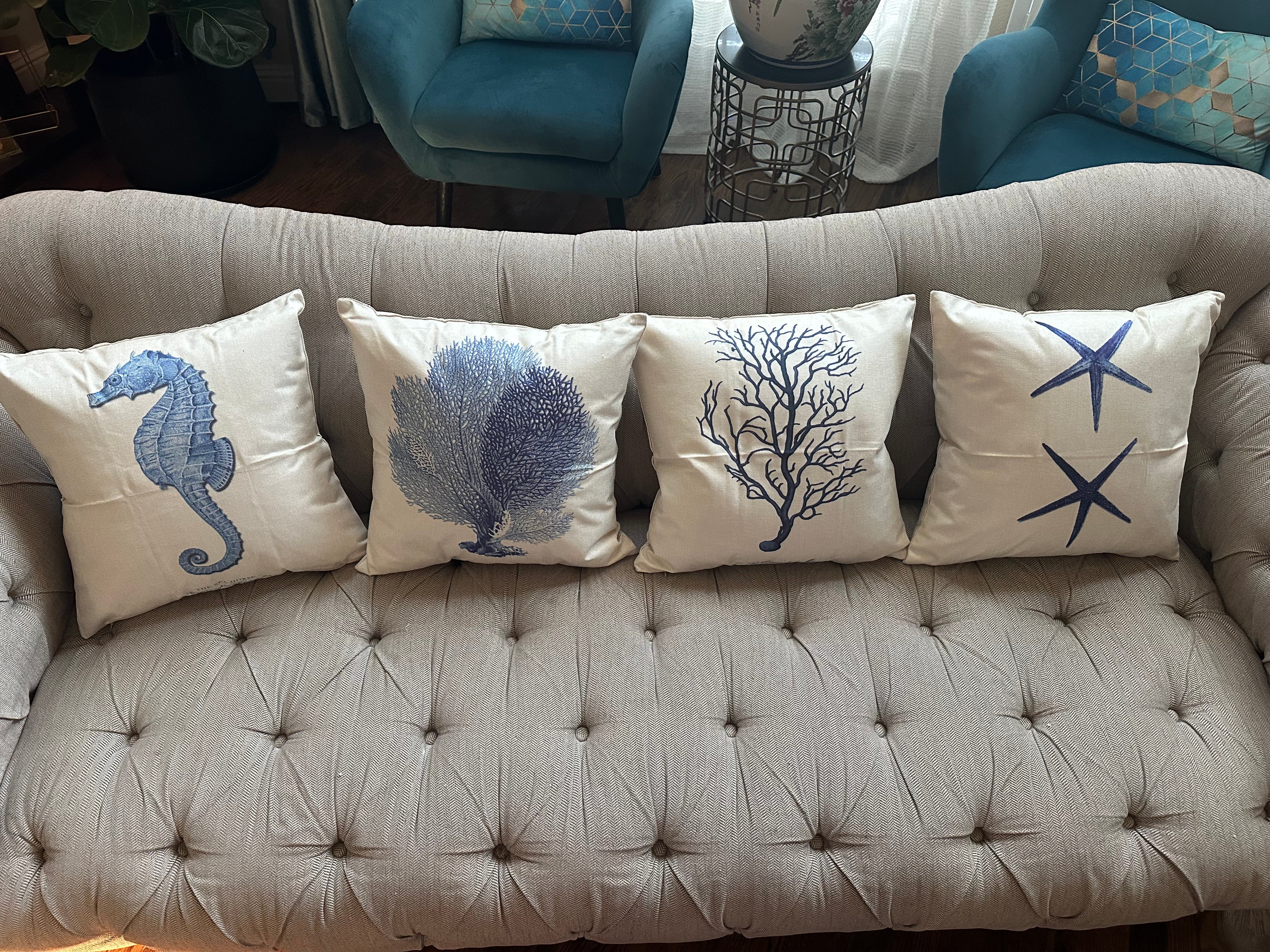 Set of 4 Square Cloth Throw Pillow Ocean themes 18"x18"(With 450g Inserts)