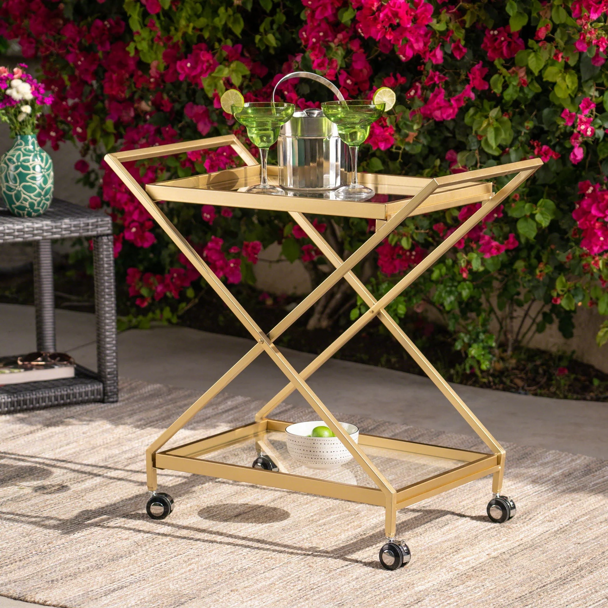 Sherianne Industrial Bar Cart with Tempered Glass Shelves and Swivel Wheels - Gold - Image 4