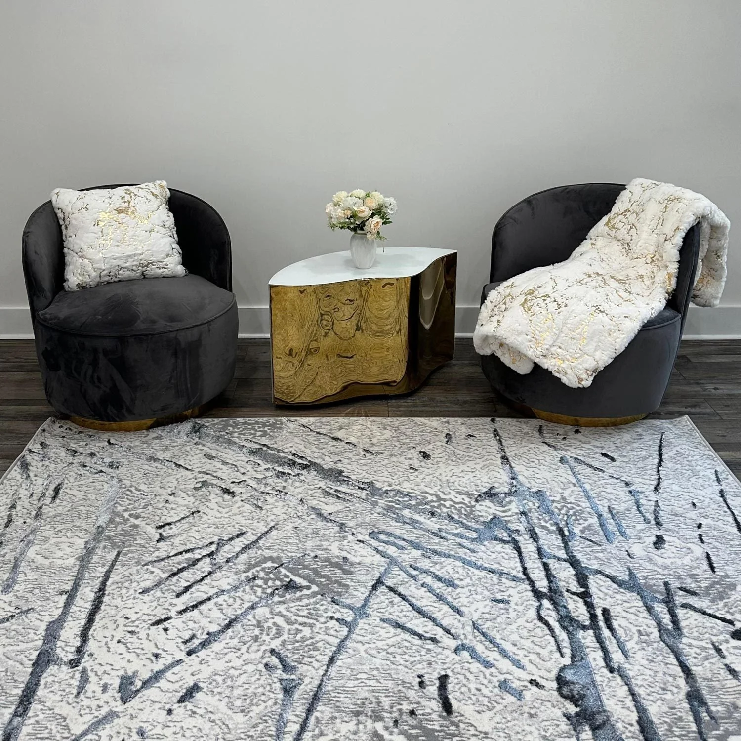 Shifra Luxury Area Rug in Gray with Silver Abstract Design - Image 9