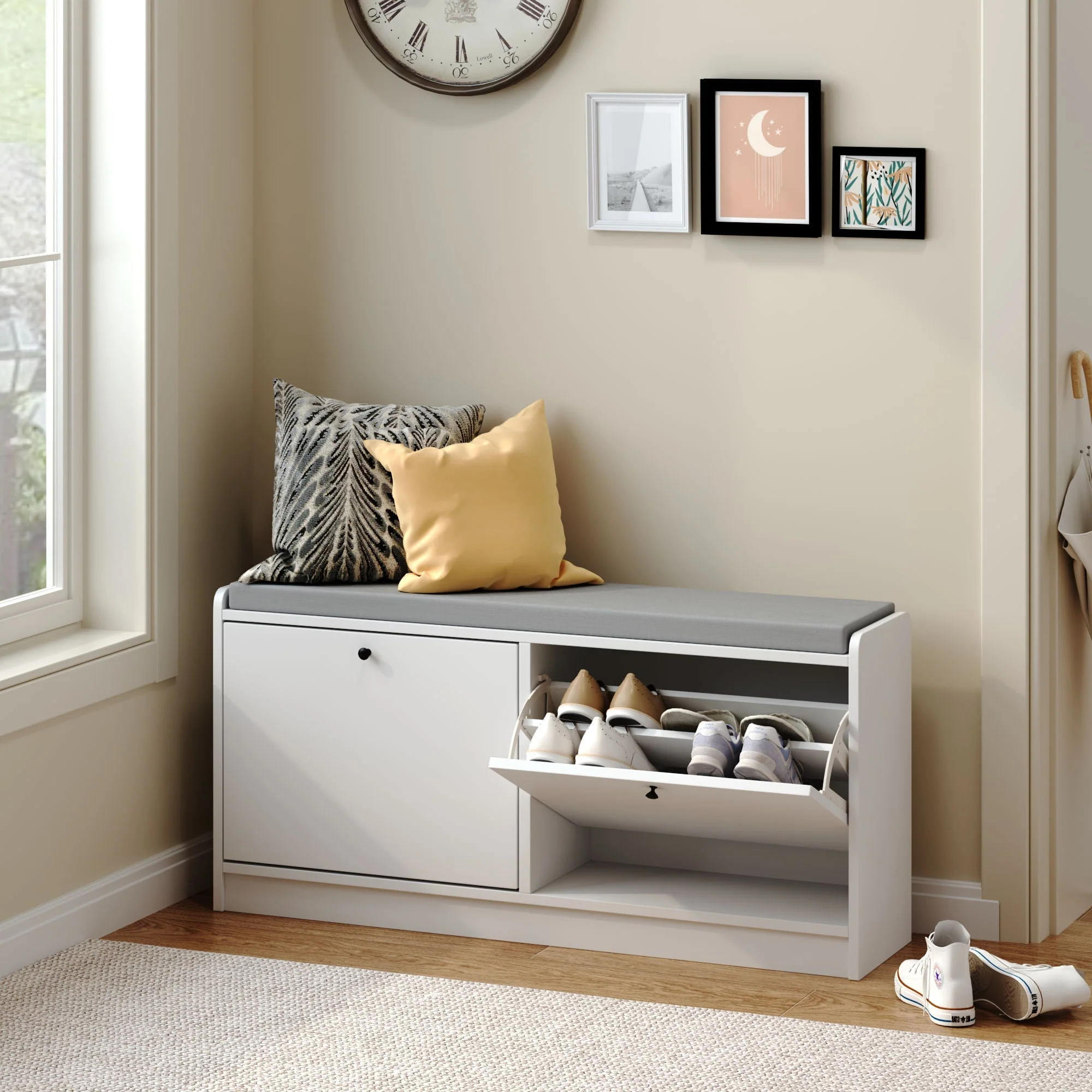Shoe Storage Bench With Cushion, Entryway Organizer Cabinet For Hallway - White - Image 3