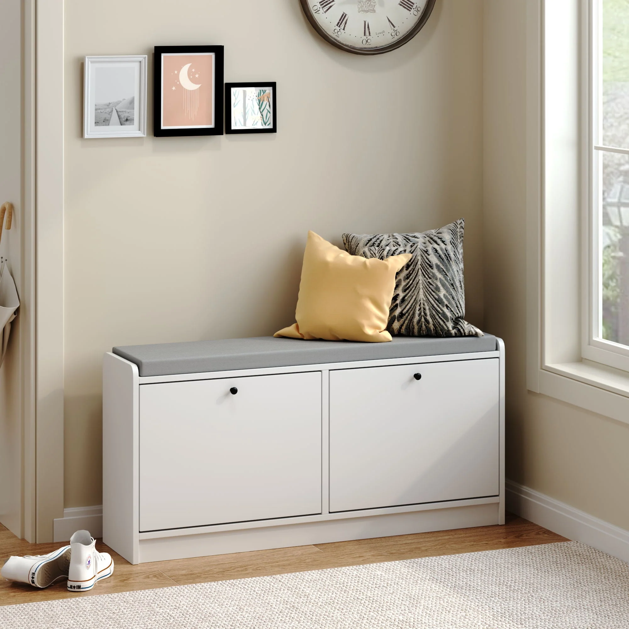 Shoe Storage Bench With Cushion, Entryway Organizer Cabinet For Hallway - White - Image 4