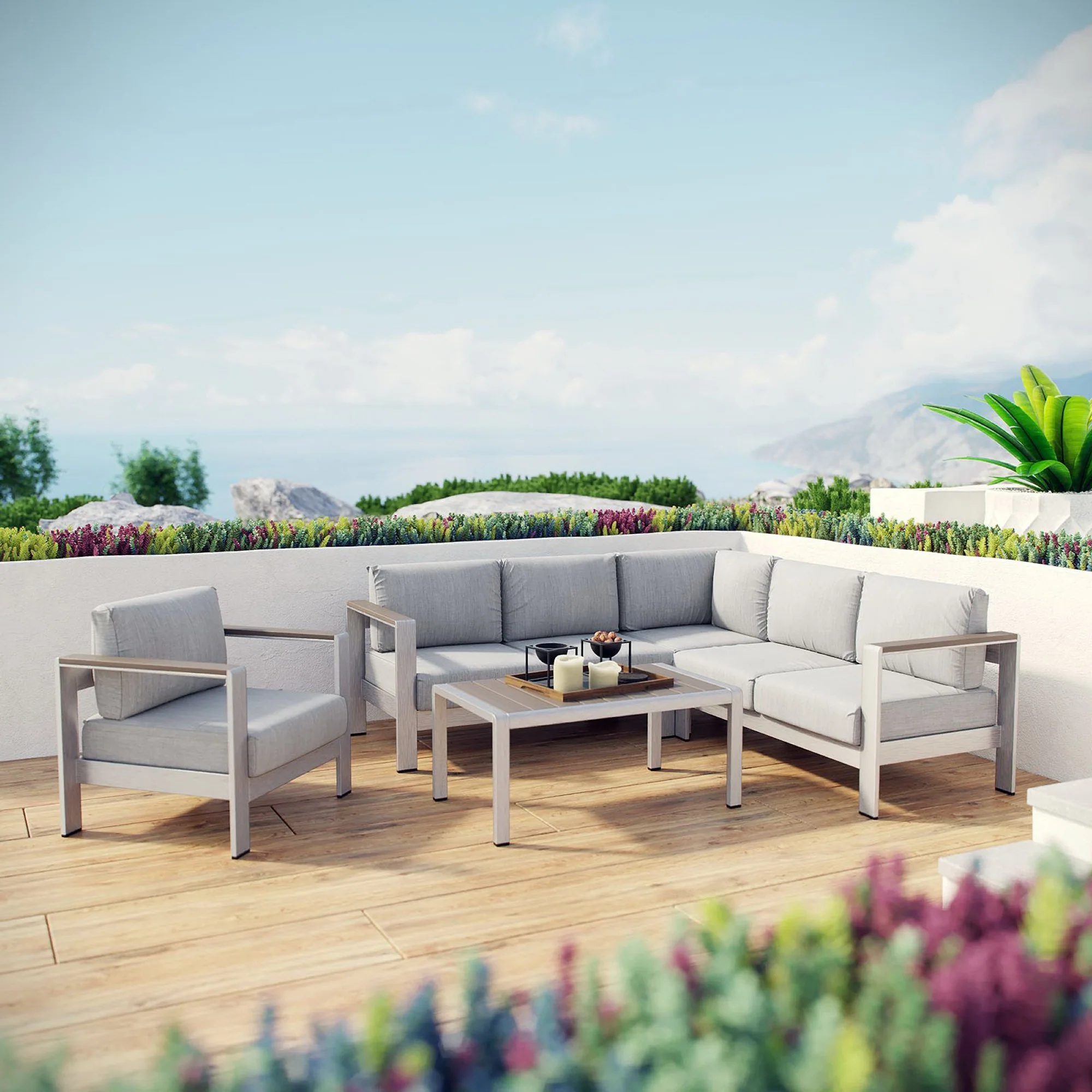 Shore 5 Piece Outdoor Patio Aluminum Sectional Sofa Set by Modway - Image 7
