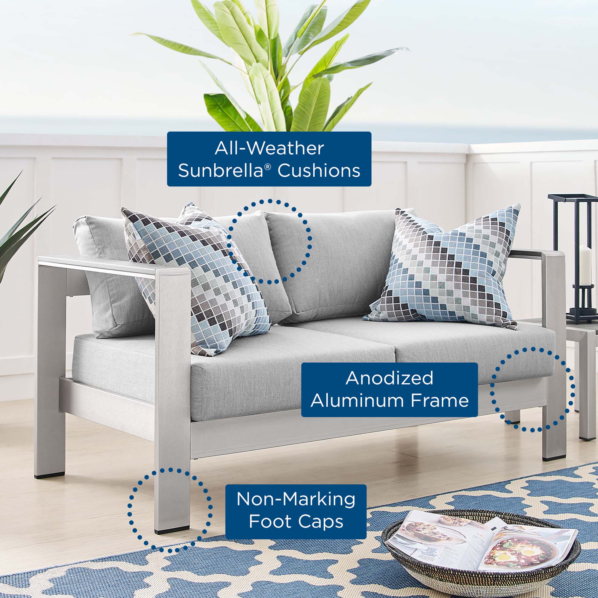Shore Sunbrella Fabric Aluminum Outdoor Patio Loveseat by Modway - Image 13