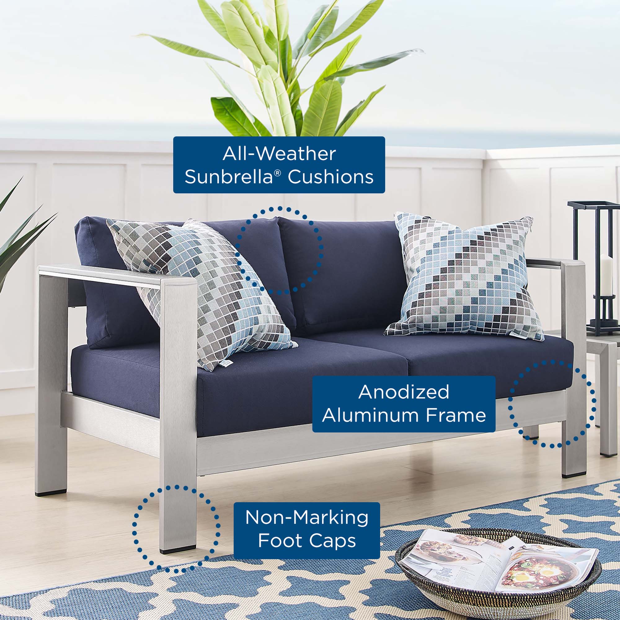 Shore Sunbrella Fabric Aluminum Outdoor Patio Loveseat by Modway - Image 2