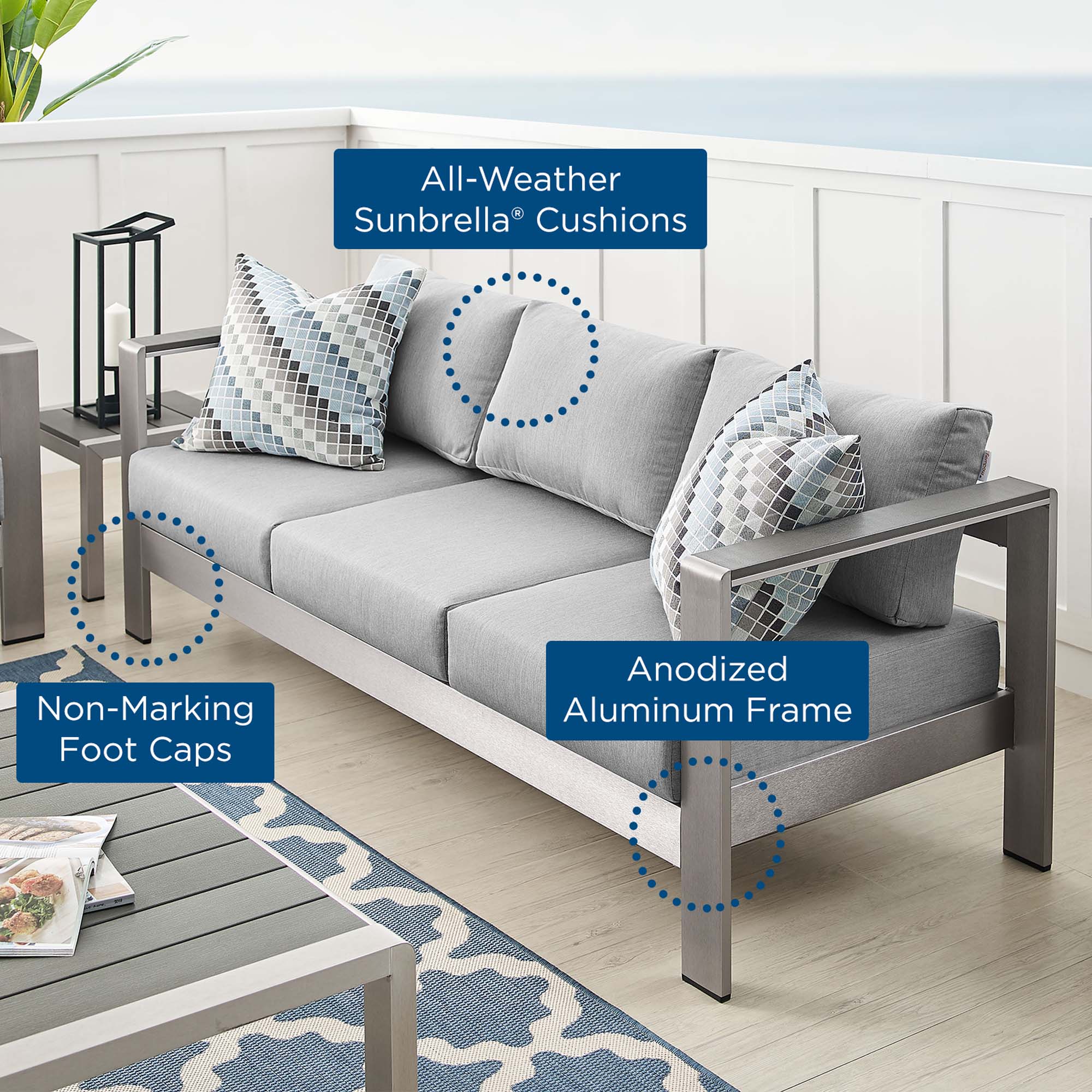 Shore Sunbrella Fabric Aluminum Outdoor Patio Sofa by Modway - Image 13