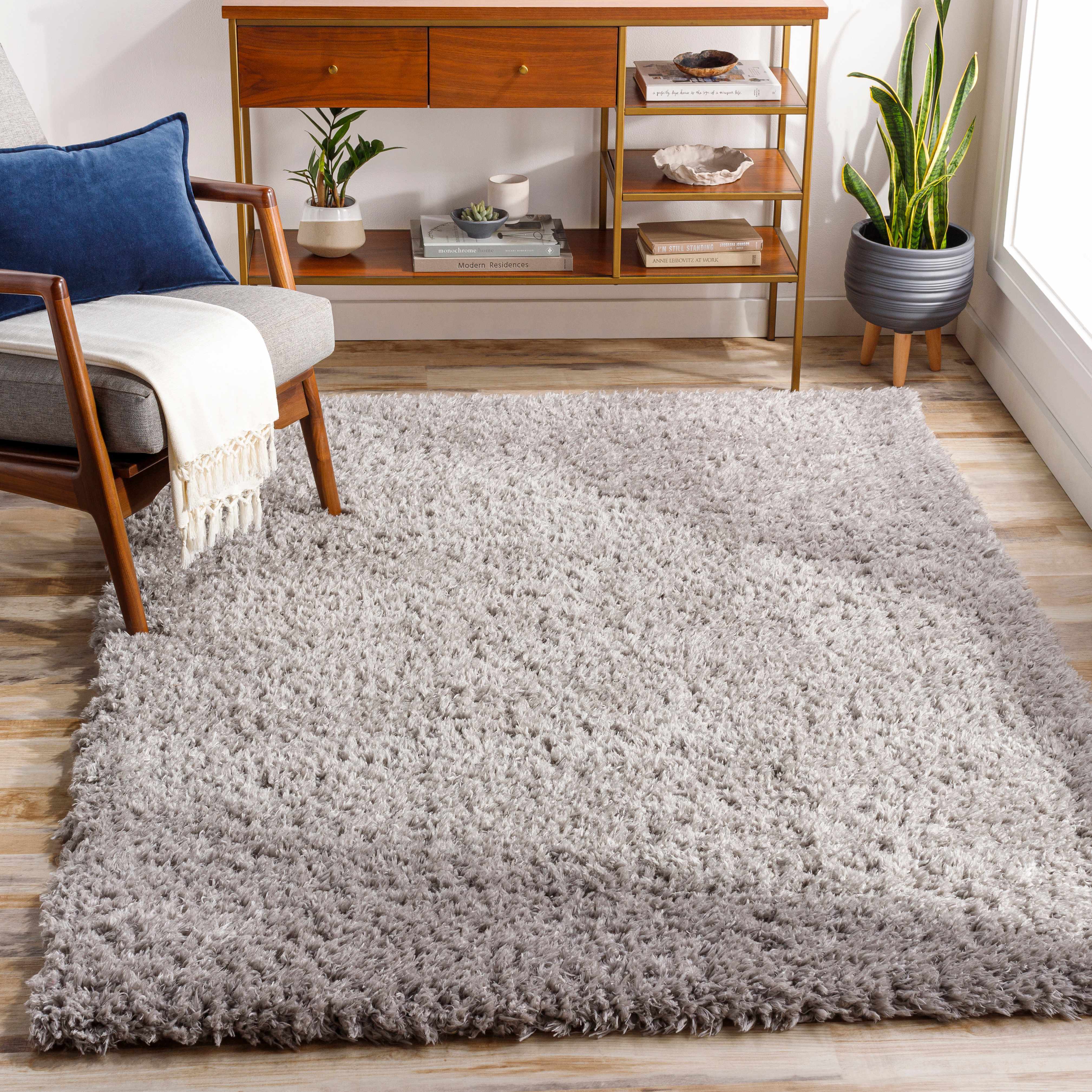 Siari Solid Medium Gray Shag Rug - Image 2