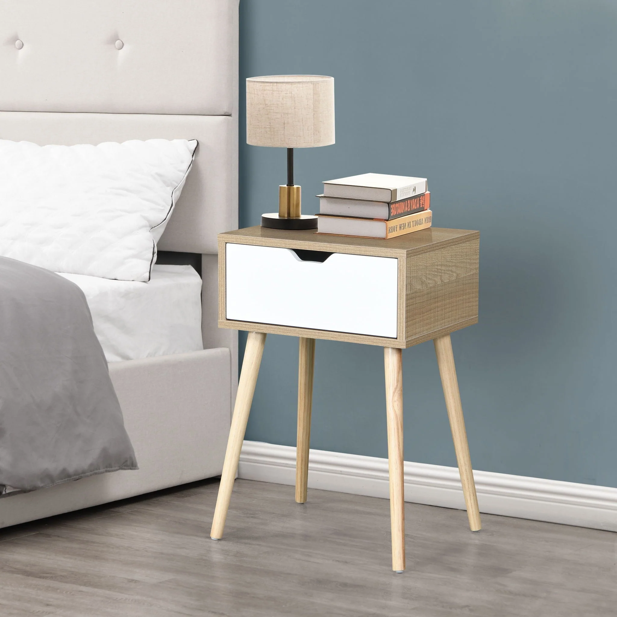 Side Table With 1 Drawer, Mid-Century Modern Storage Cabinet For Bedroom - White / Wood - Image 3