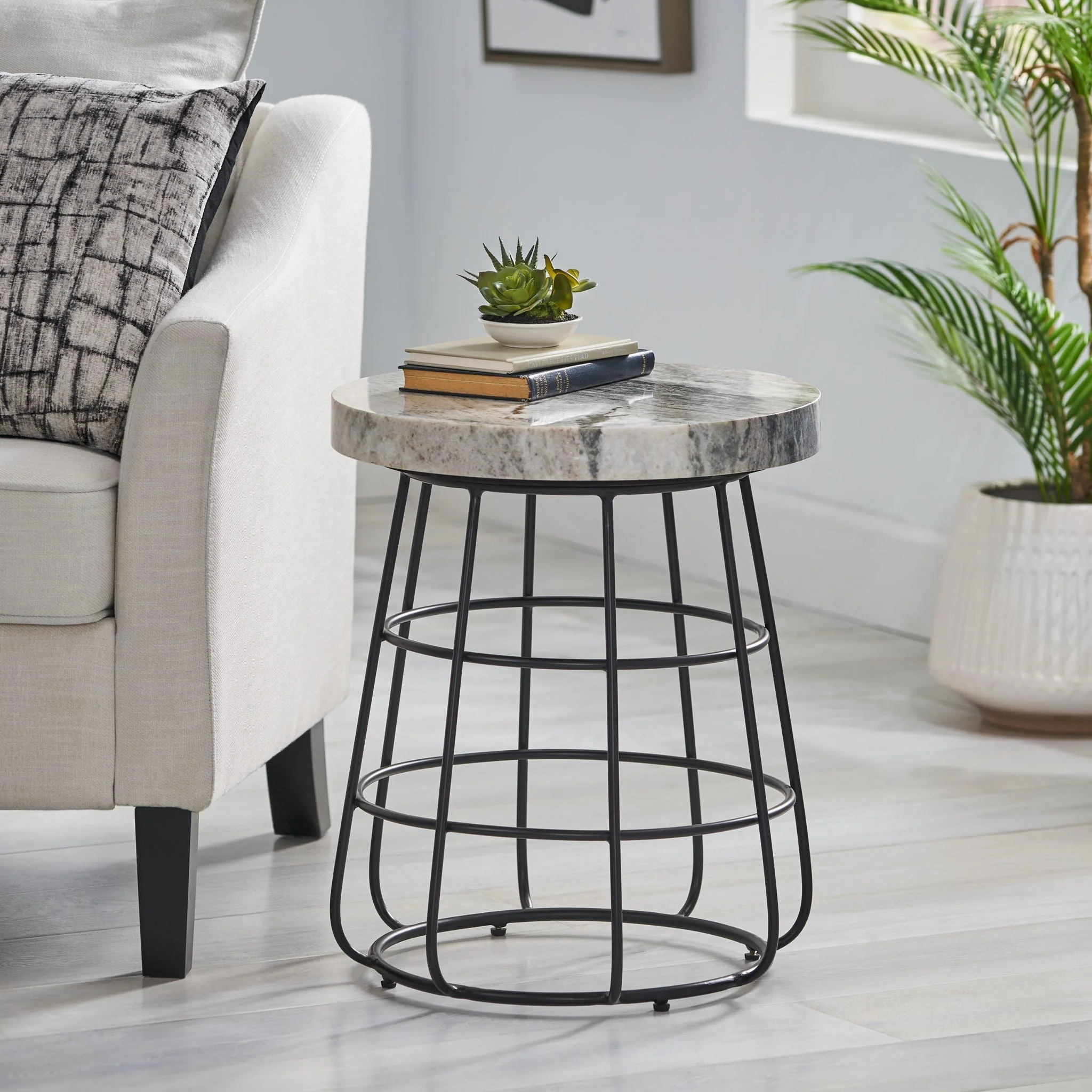 Side Table With Marble Top And Iron Base - Black / White - Image 3