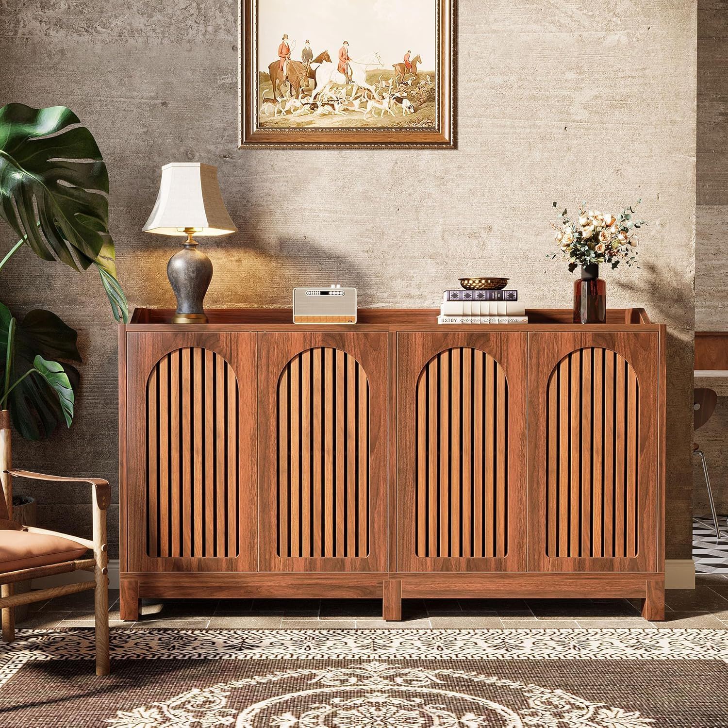 Sideboard Buffet Cabinet With 4 Doors & Shelves - Brown Credenza Table for Dining Room - Image 2