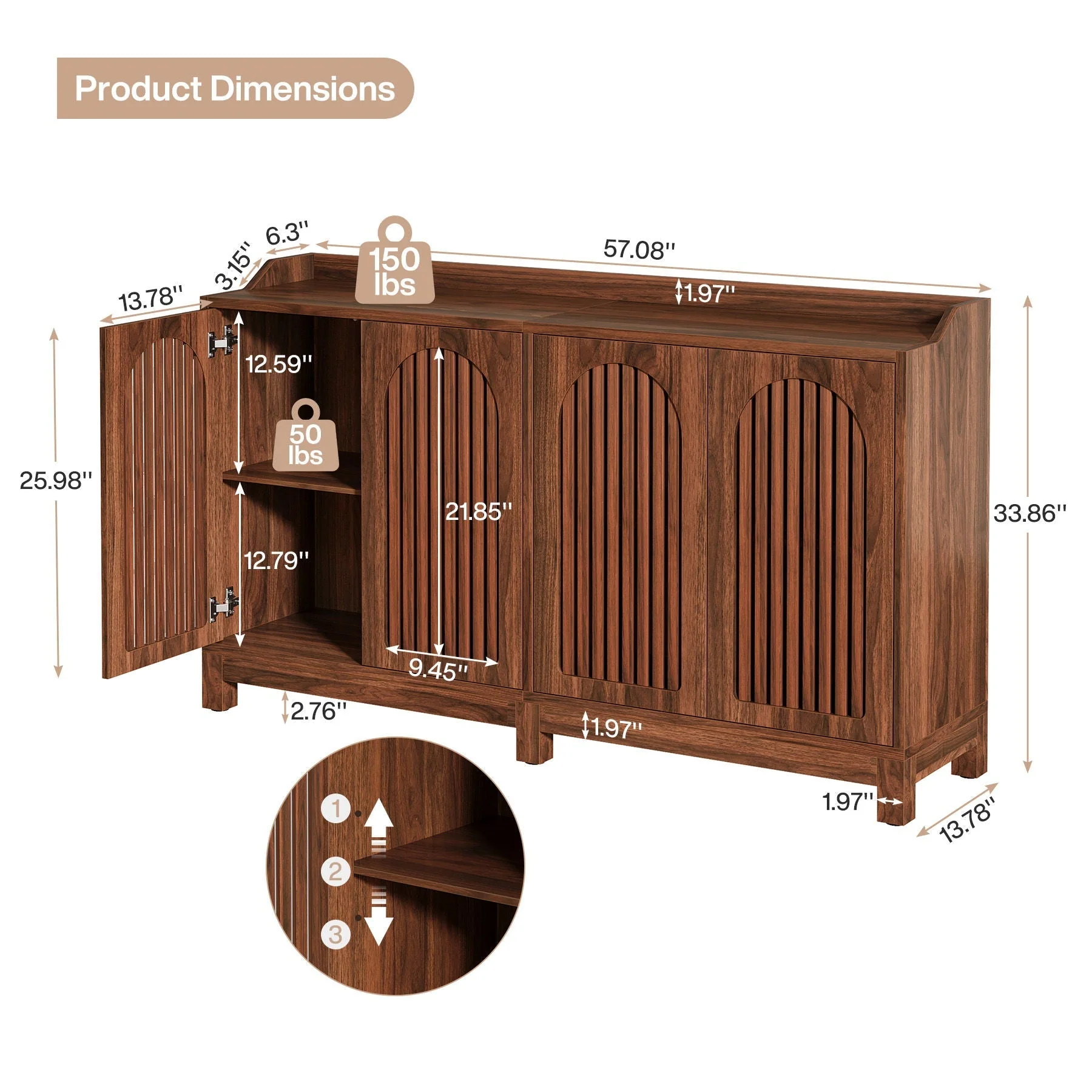 Sideboard Buffet Cabinet With 4 Doors & Shelves - Brown Credenza Table for Dining Room - Image 4
