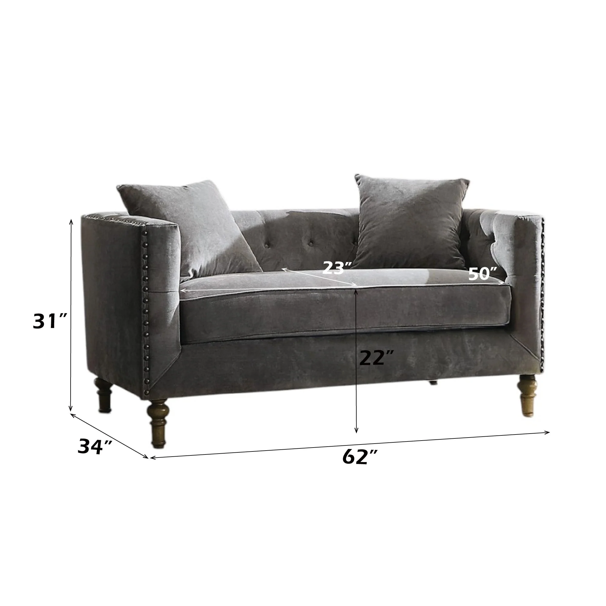 Sidonia Gray Velvet Loveseat With 2 Pillows - Image 2