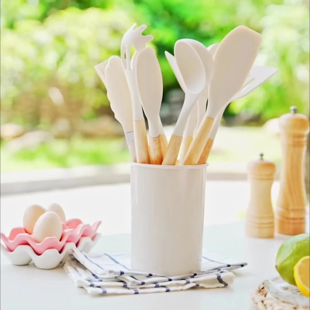 Silicone Kitchen Utensil Set with Bamboo Handles 12 Piece Set - Image 3