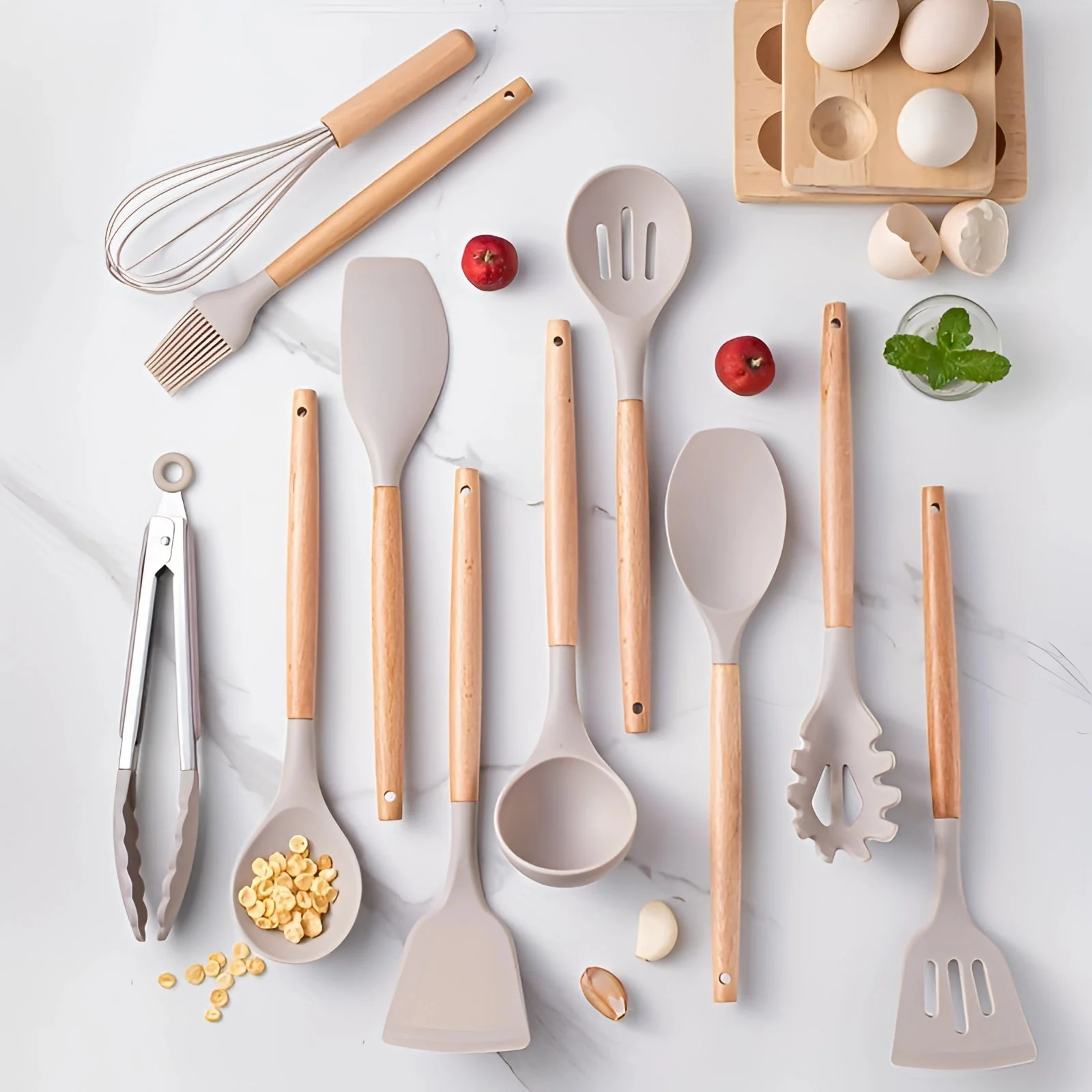 Silicone Kitchen Utensil Set with Bamboo Handles 12 Piece Set - Image 4