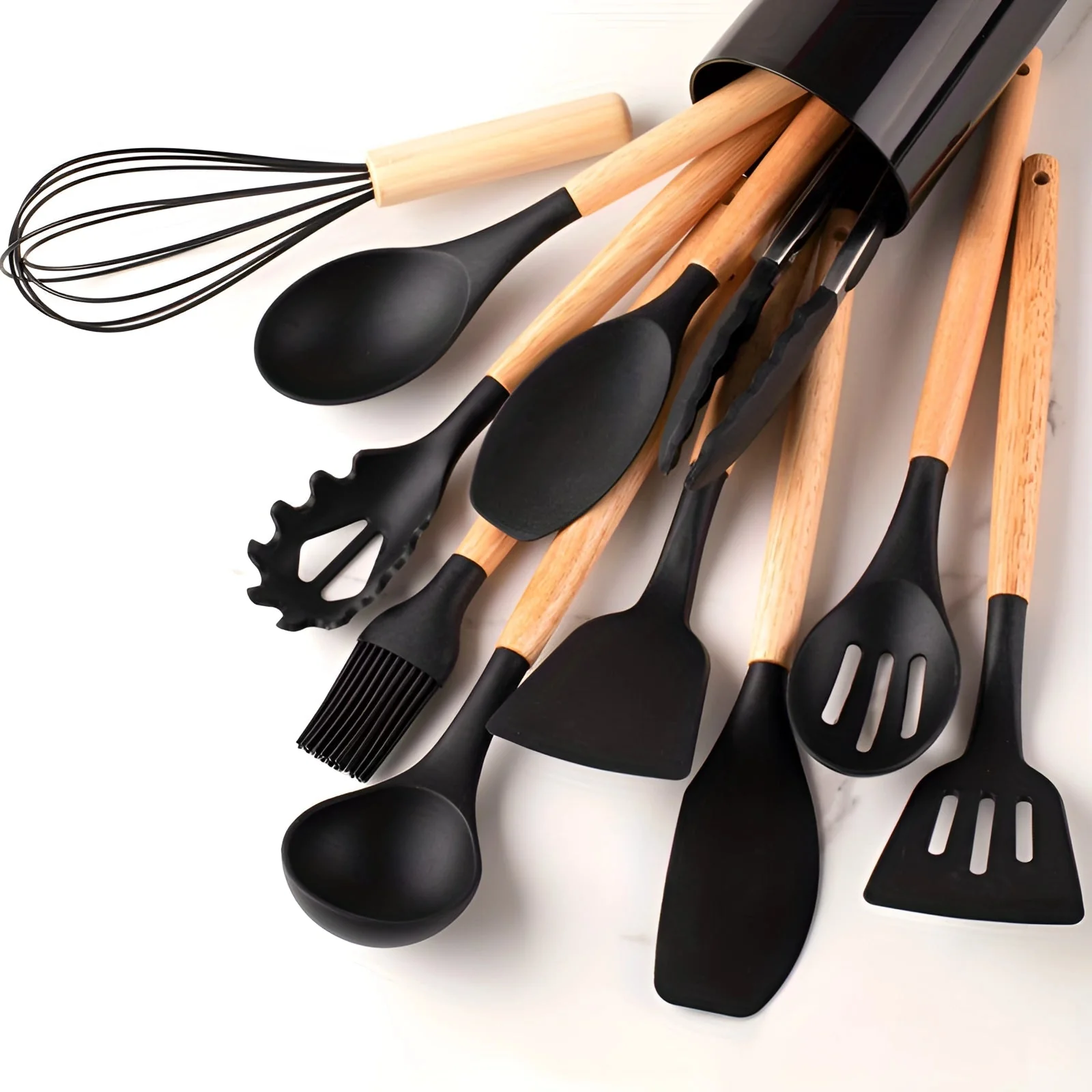 Silicone Kitchen Utensil Set with Bamboo Handles 12 Piece Set - Image 6