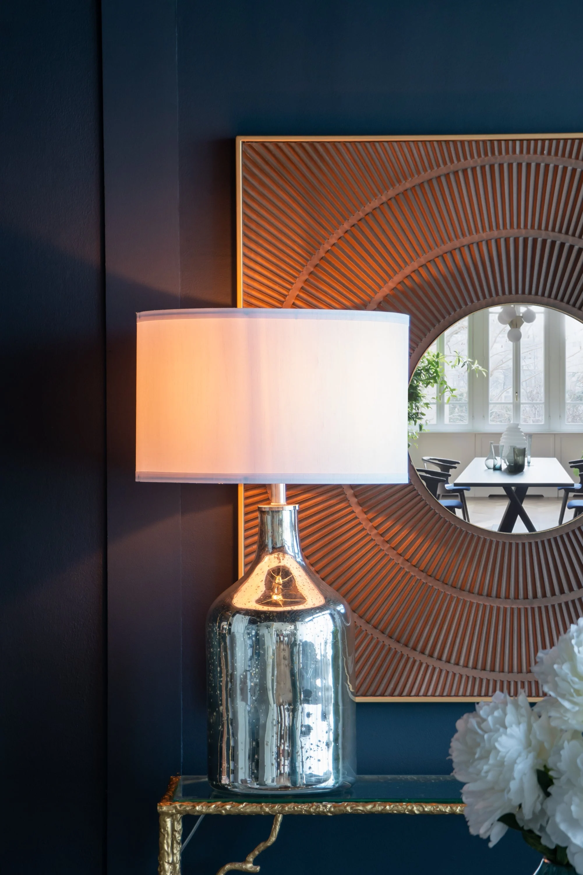 Silver Round Table Lamp with White Fabric Shade - Image 10