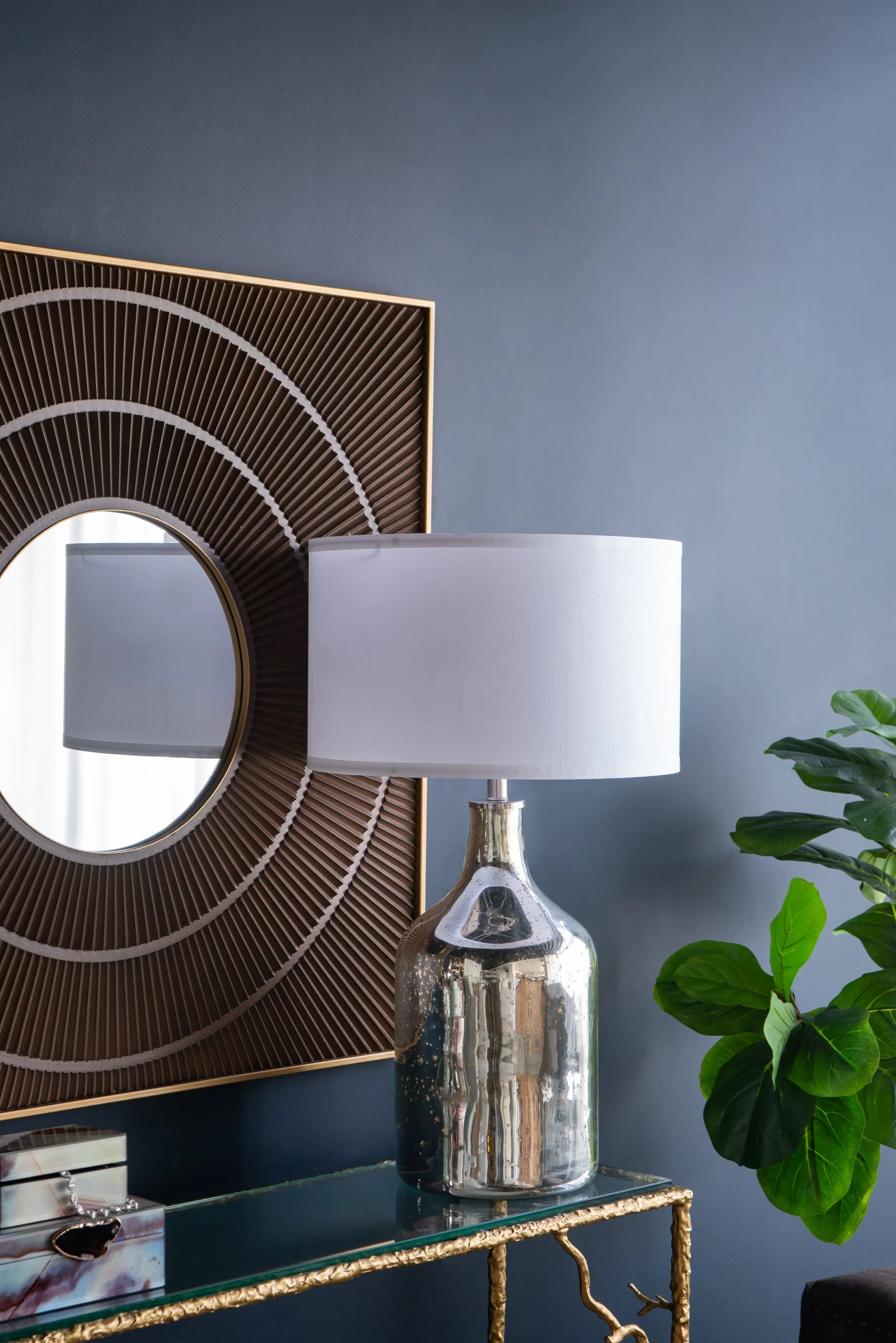 Silver Round Table Lamp with White Fabric Shade - Image 11