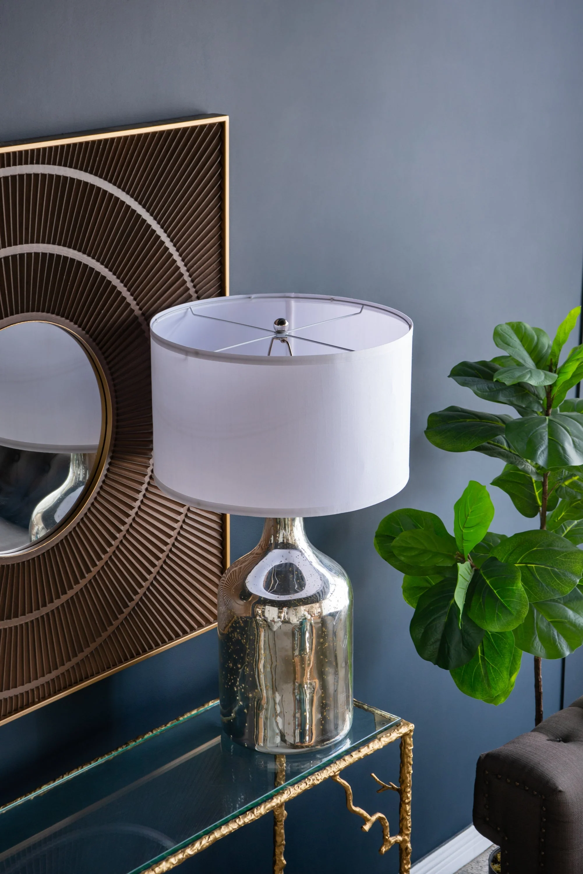 Silver Round Table Lamp with White Fabric Shade - Image 13