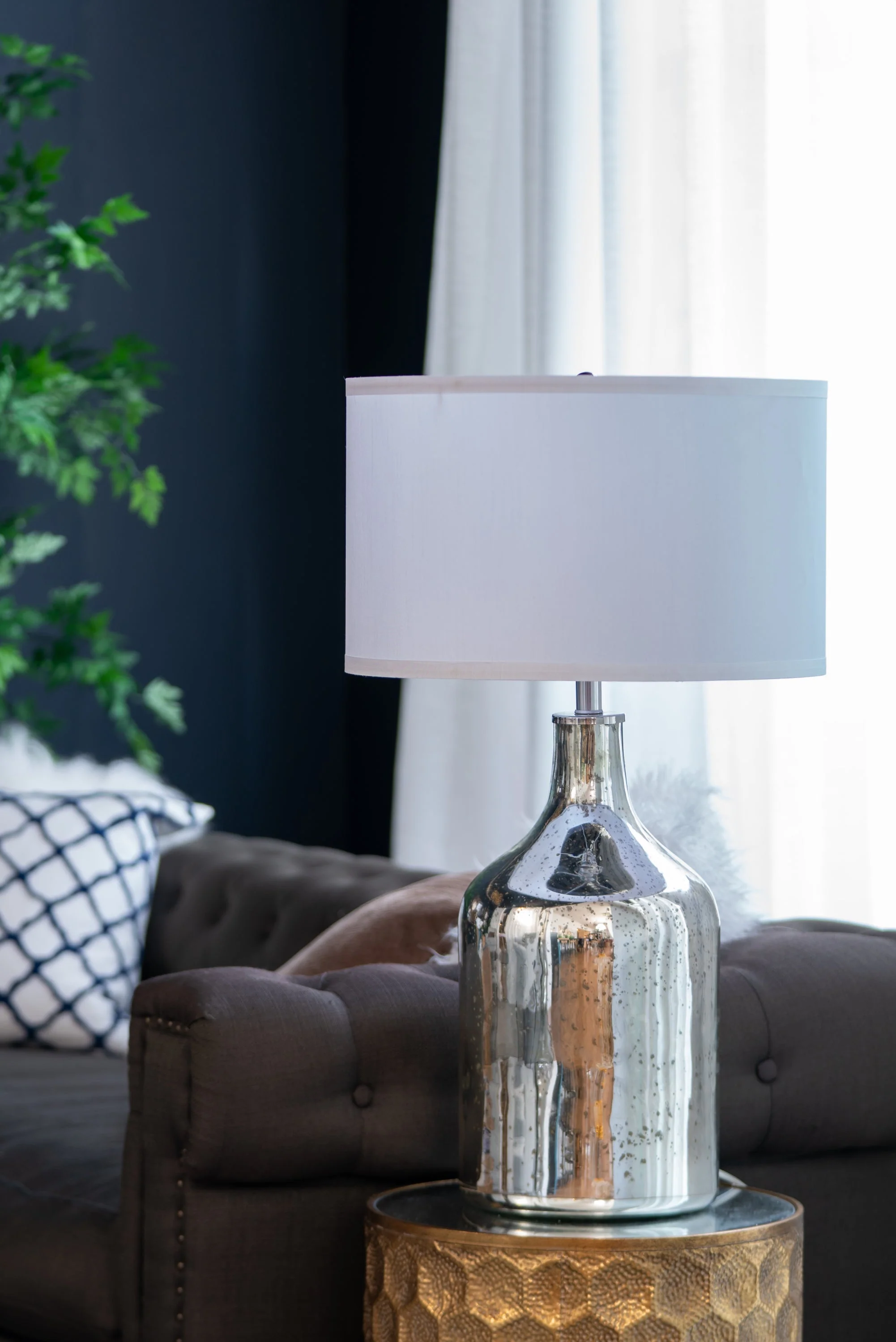 Silver Round Table Lamp with White Fabric Shade - Image 14