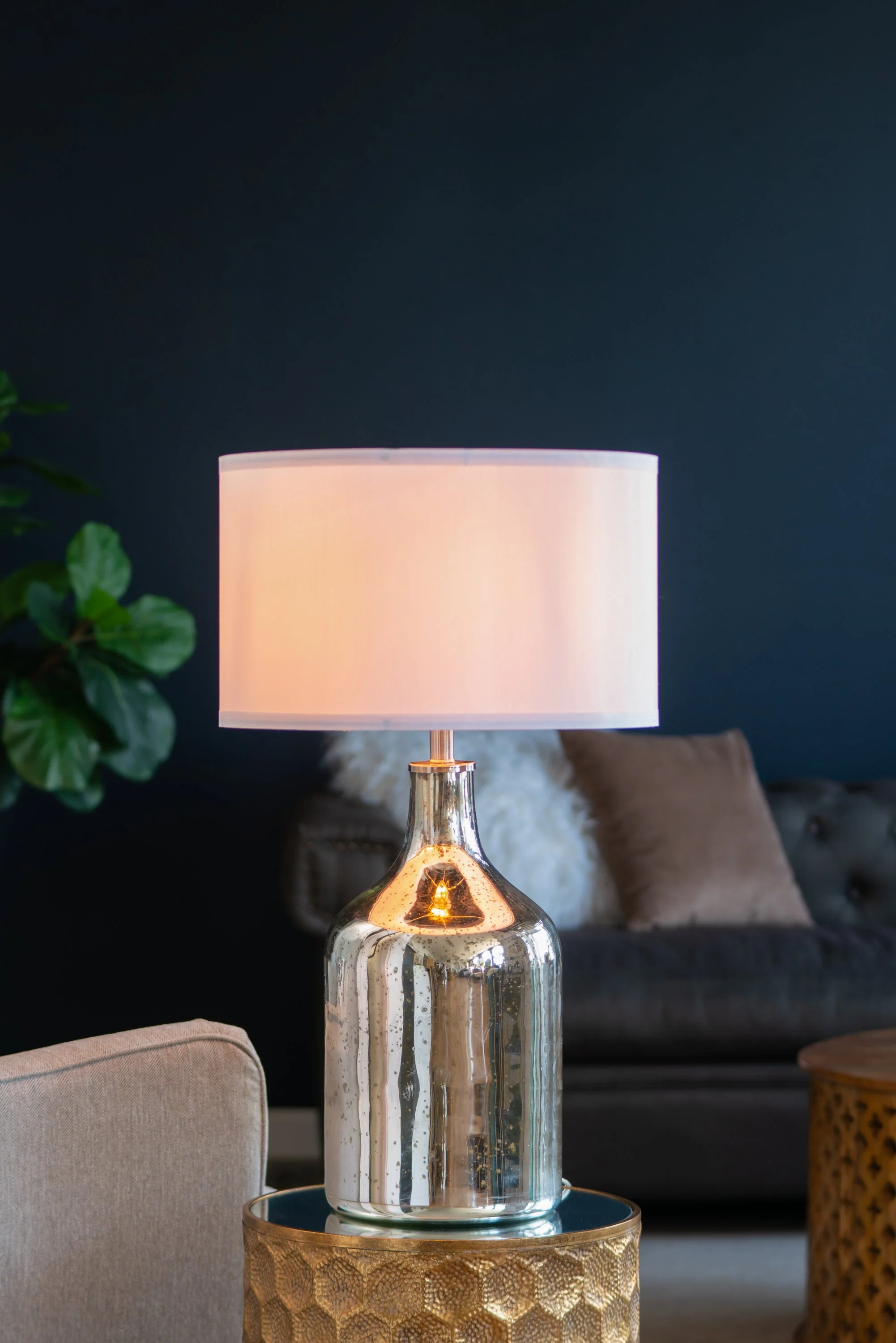 Silver Round Table Lamp with White Fabric Shade - Image 2