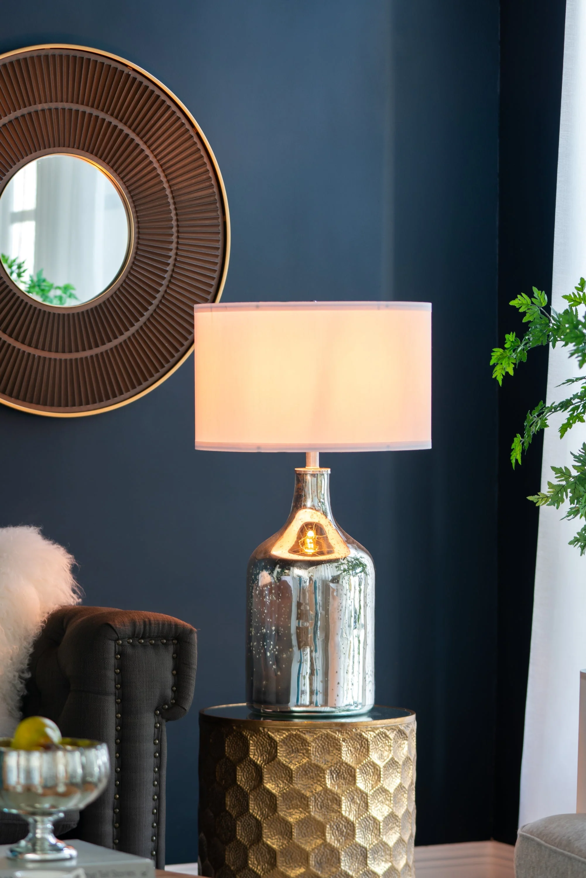 Silver Round Table Lamp with White Fabric Shade - Image 8