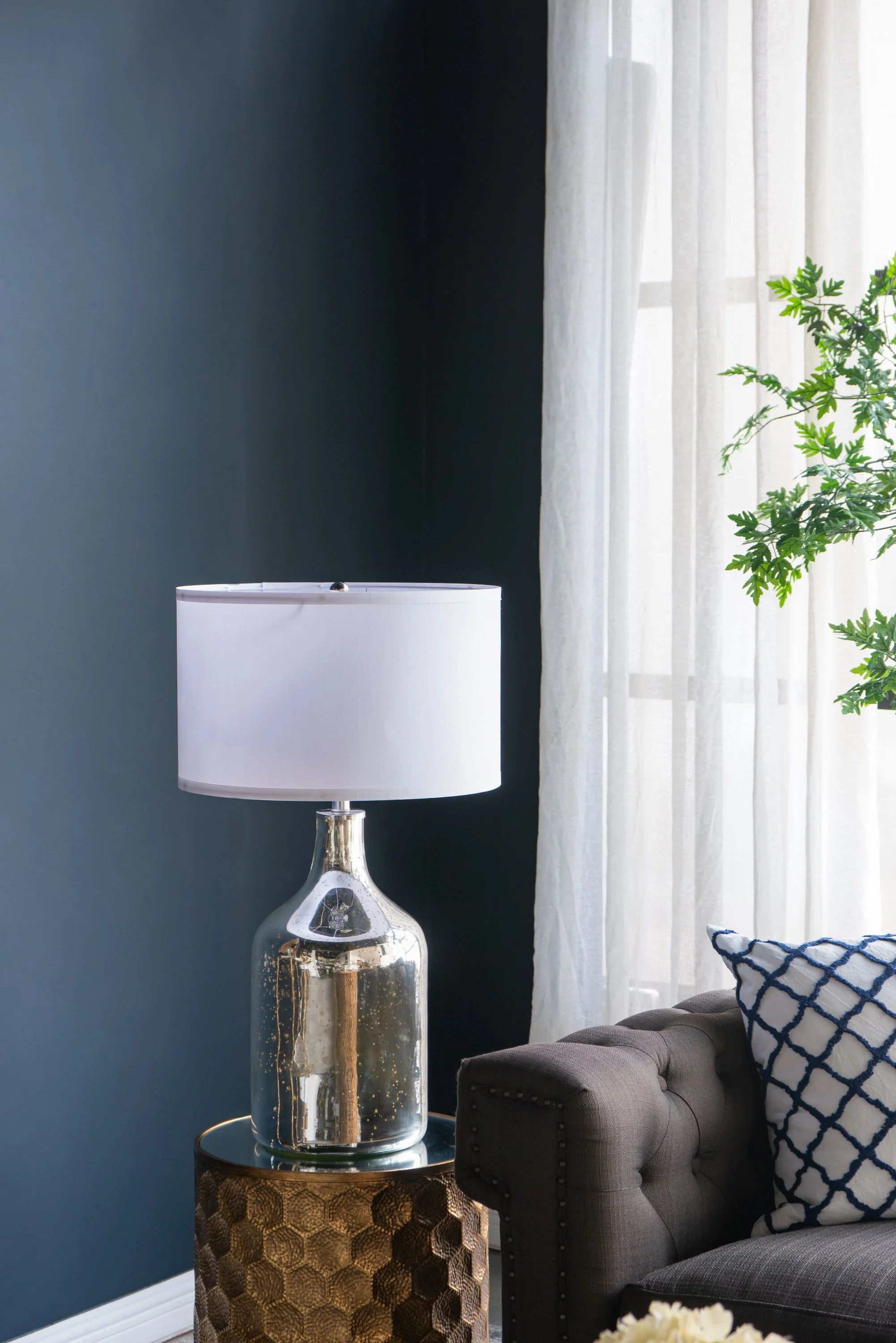 Silver Round Table Lamp with White Fabric Shade - Image 9