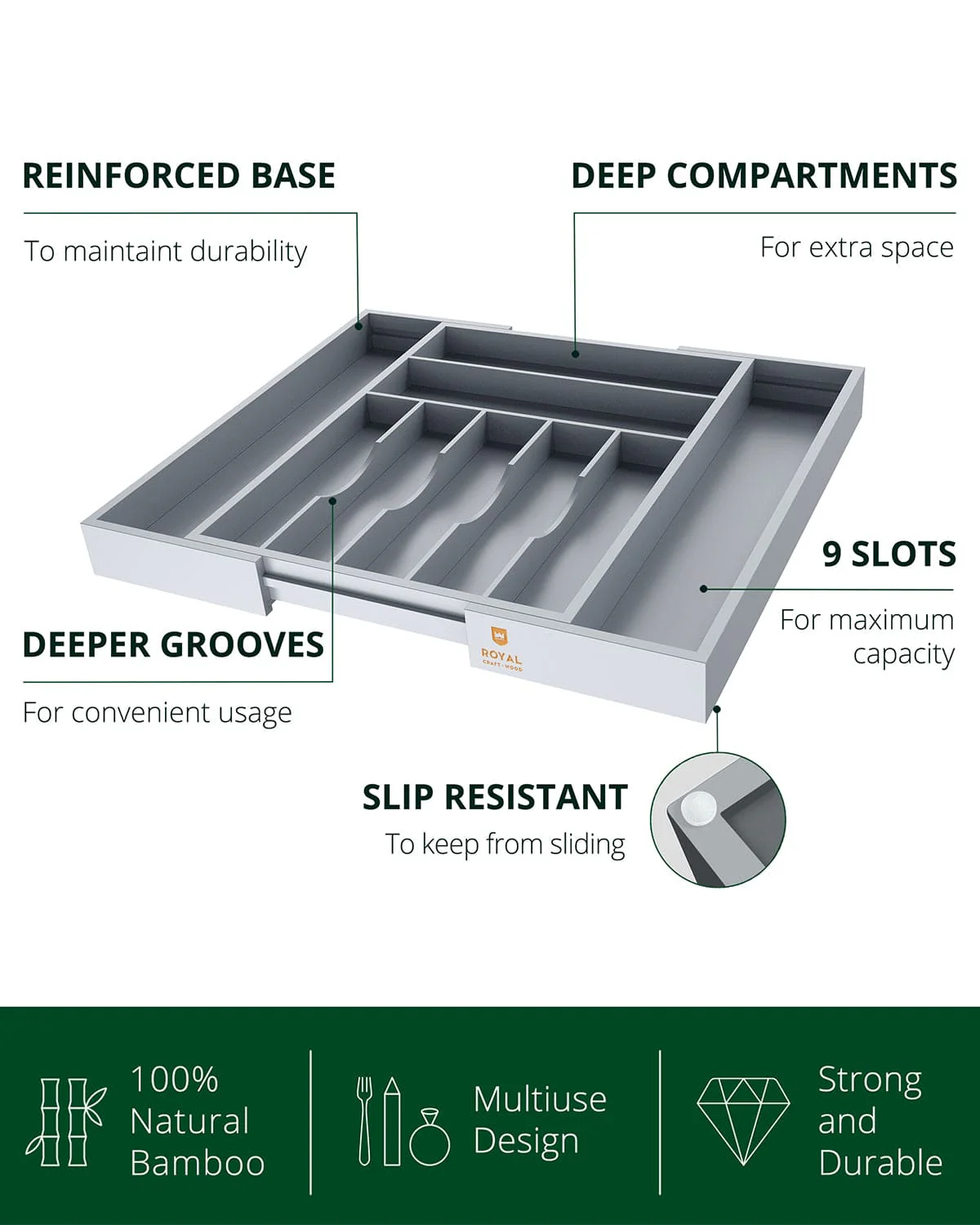 Silverware Drawer Organizer, Gray (9 Slots) - Image 3