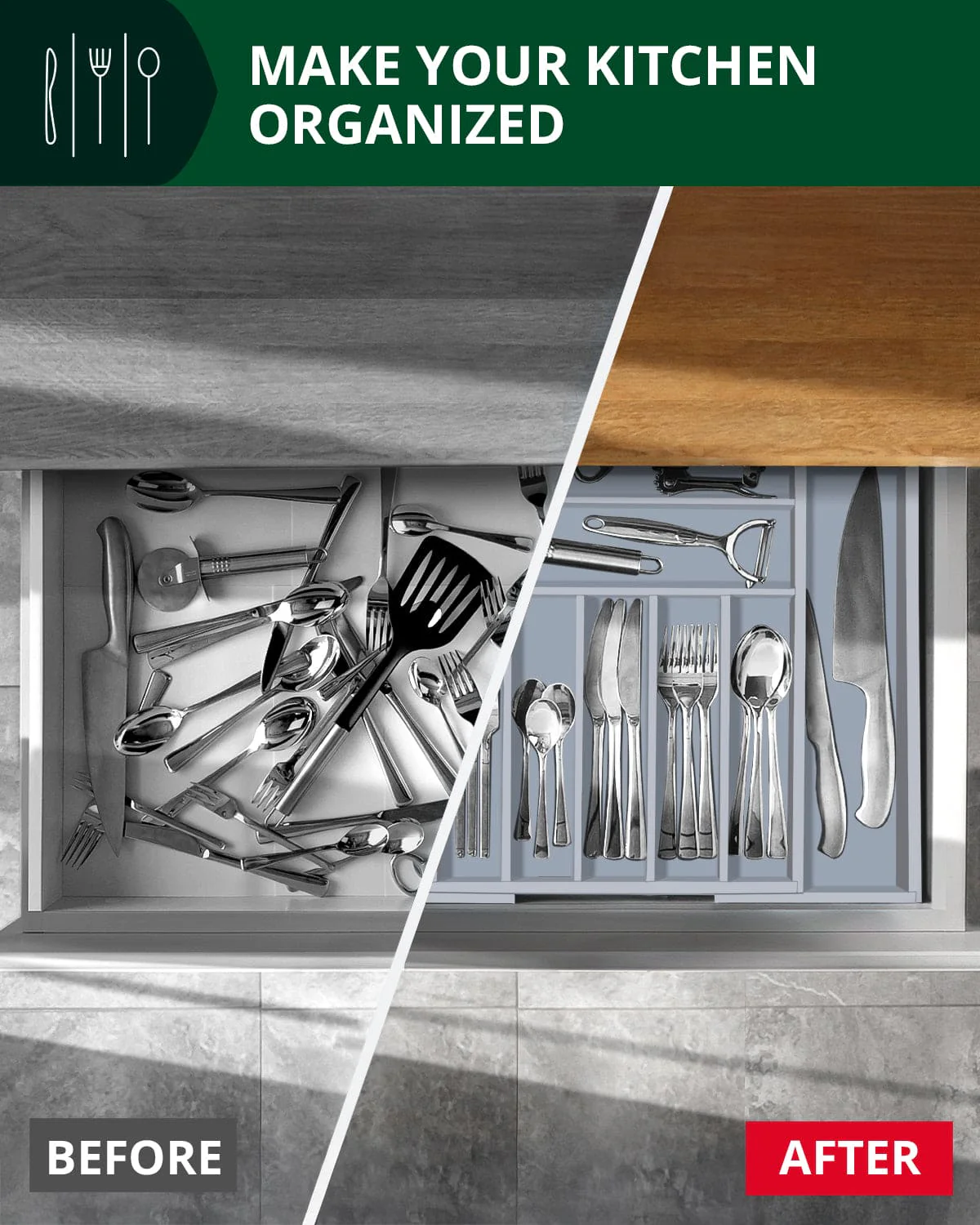 Silverware Drawer Organizer, Gray (9 Slots) - Image 6