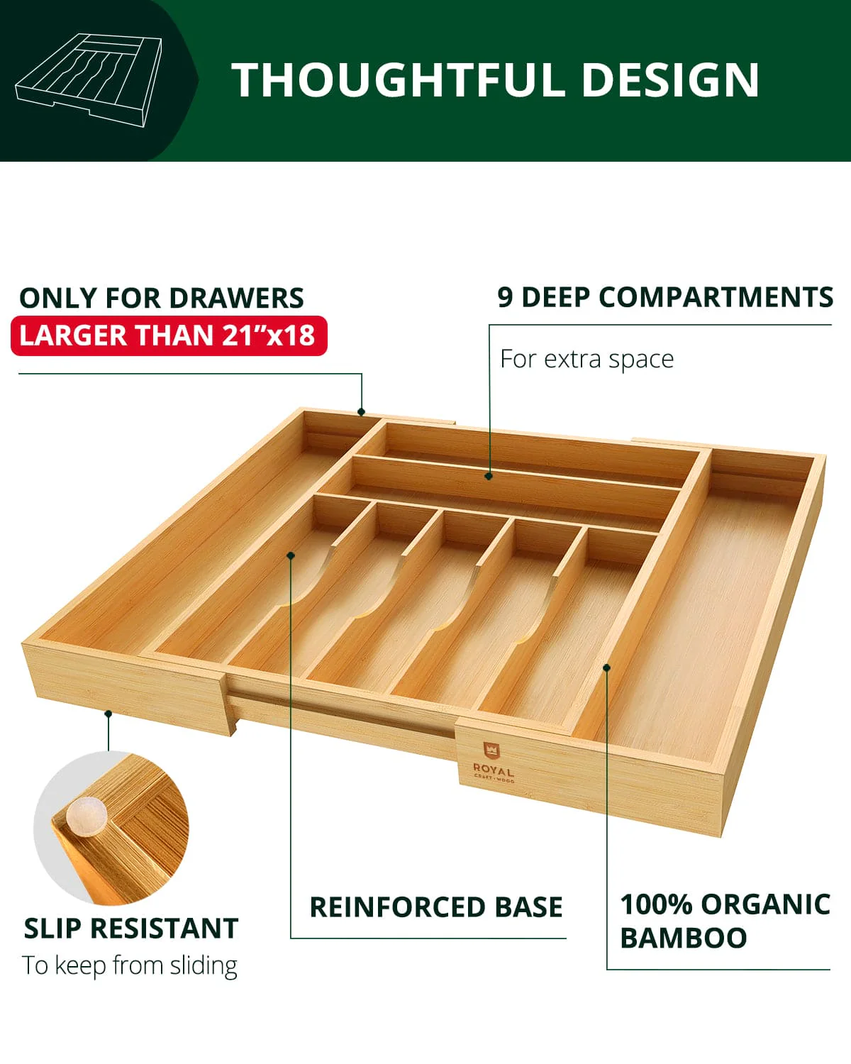 Silverware Drawer Organizer, Natural (9 Slots) - Image 7