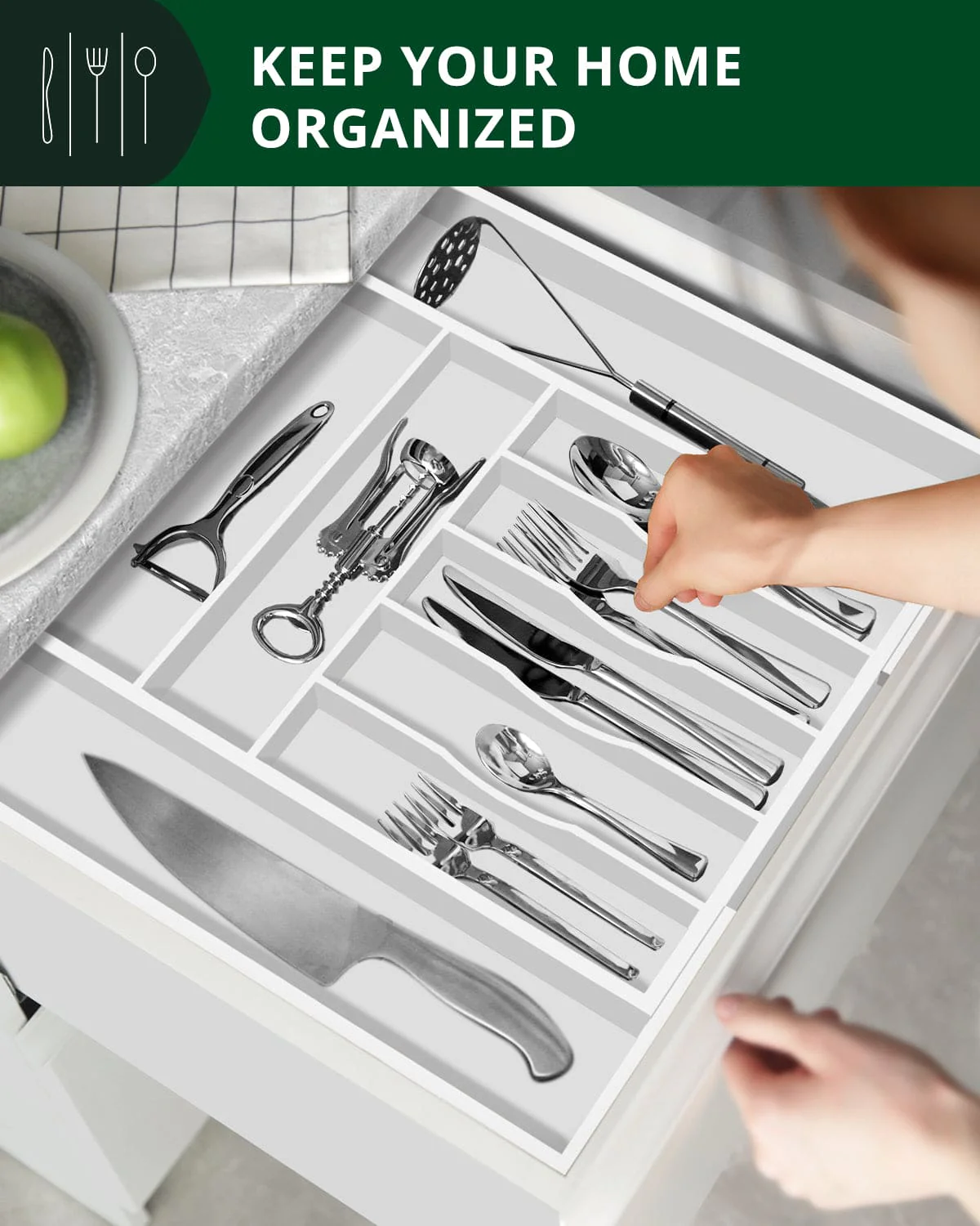 Silverware Drawer Organizer, White (9 Slots) - Image 7
