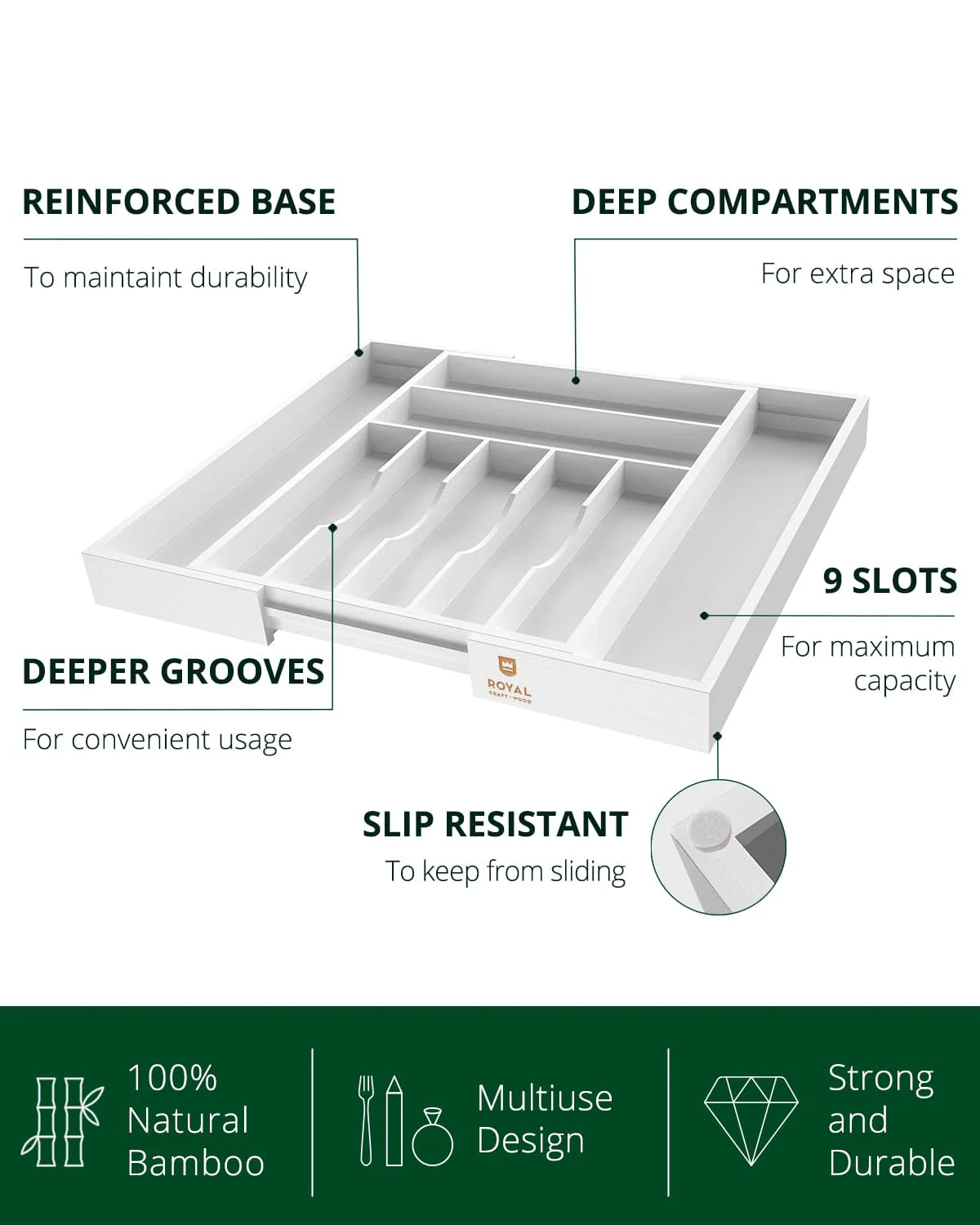 Silverware Drawer Organizer, White (9 Slots) - Image 8