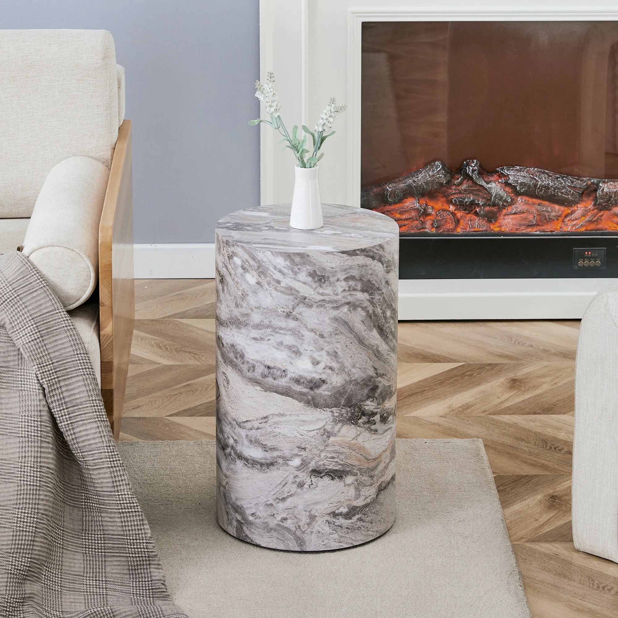 Simple Grey Marble Textured Cylindrical Coffee Table - Image 2