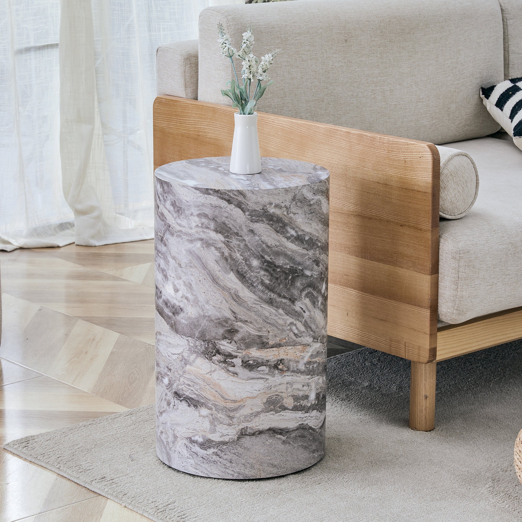 Simple Grey Marble Textured Cylindrical Coffee Table - Image 4