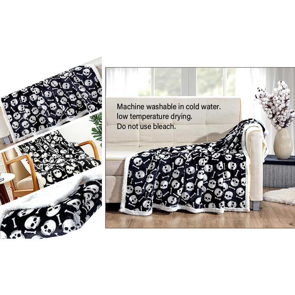 Skull & Bones Black Sherpa Throw Blanket Soft & Cozy Fleece, Gothic Skeleton Design, 50" x 60 - Image 2
