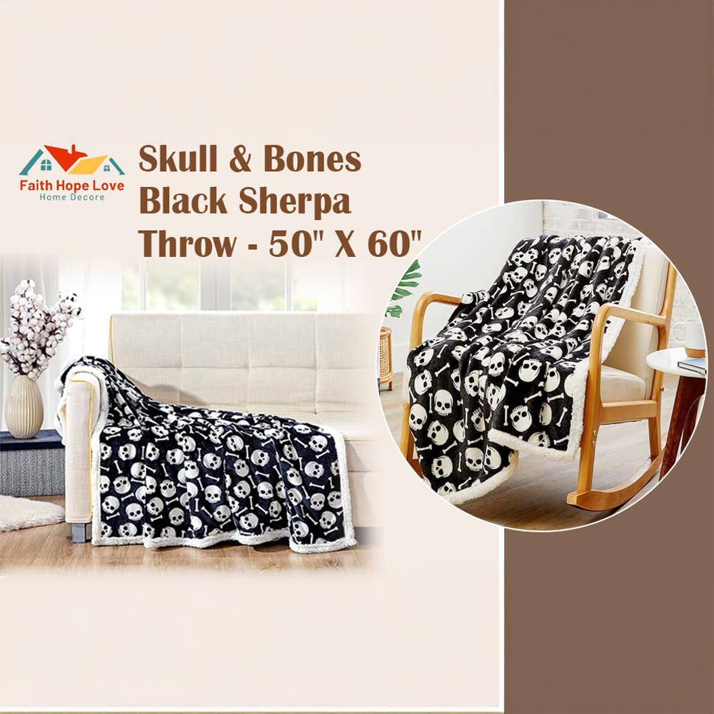 Skull & Bones Black Sherpa Throw Blanket Soft & Cozy Fleece, Gothic Skeleton Design, 50" x 60 - Image 3