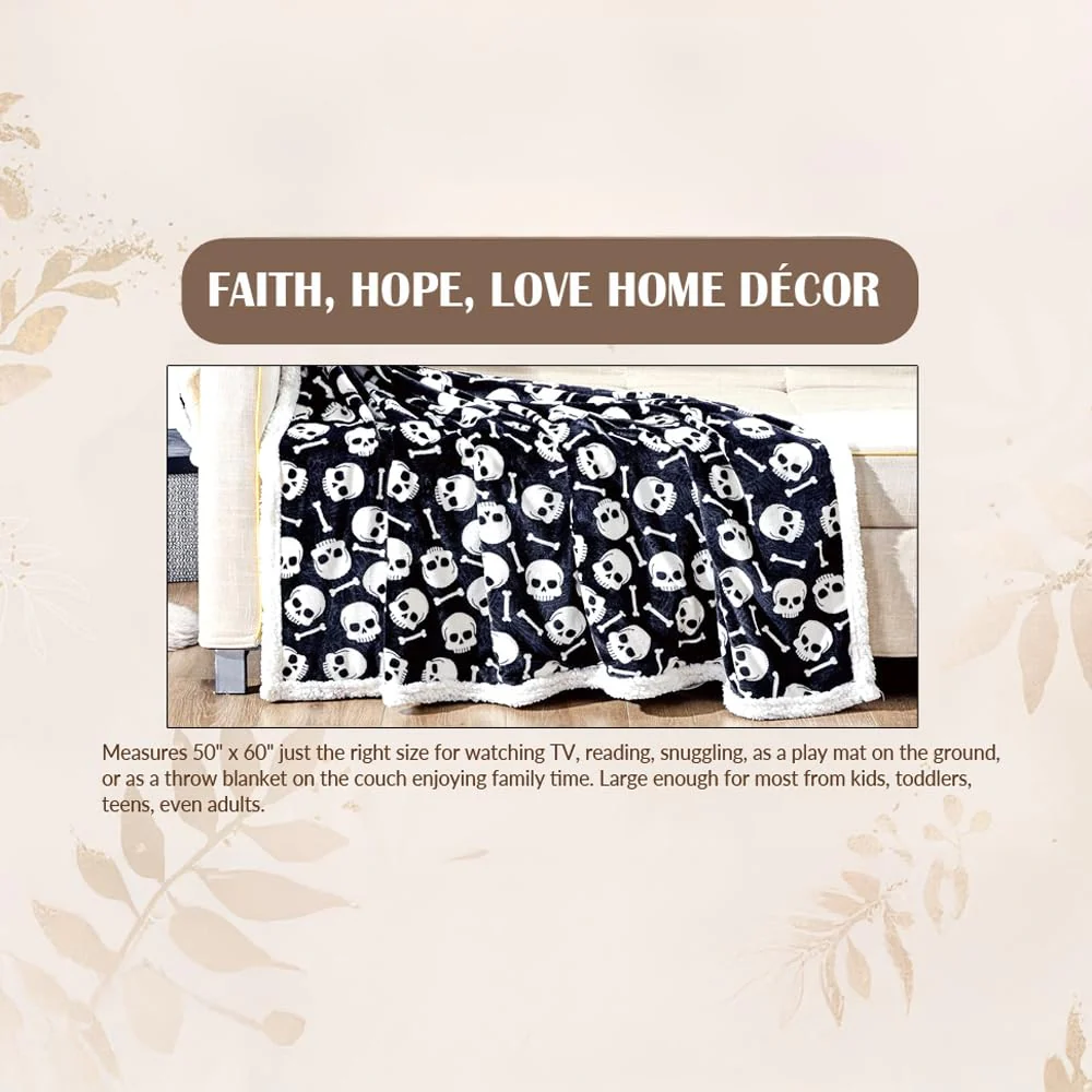 Skull & Bones Black Sherpa Throw Blanket Soft & Cozy Fleece, Gothic Skeleton Design, 50" x 60 - Image 5