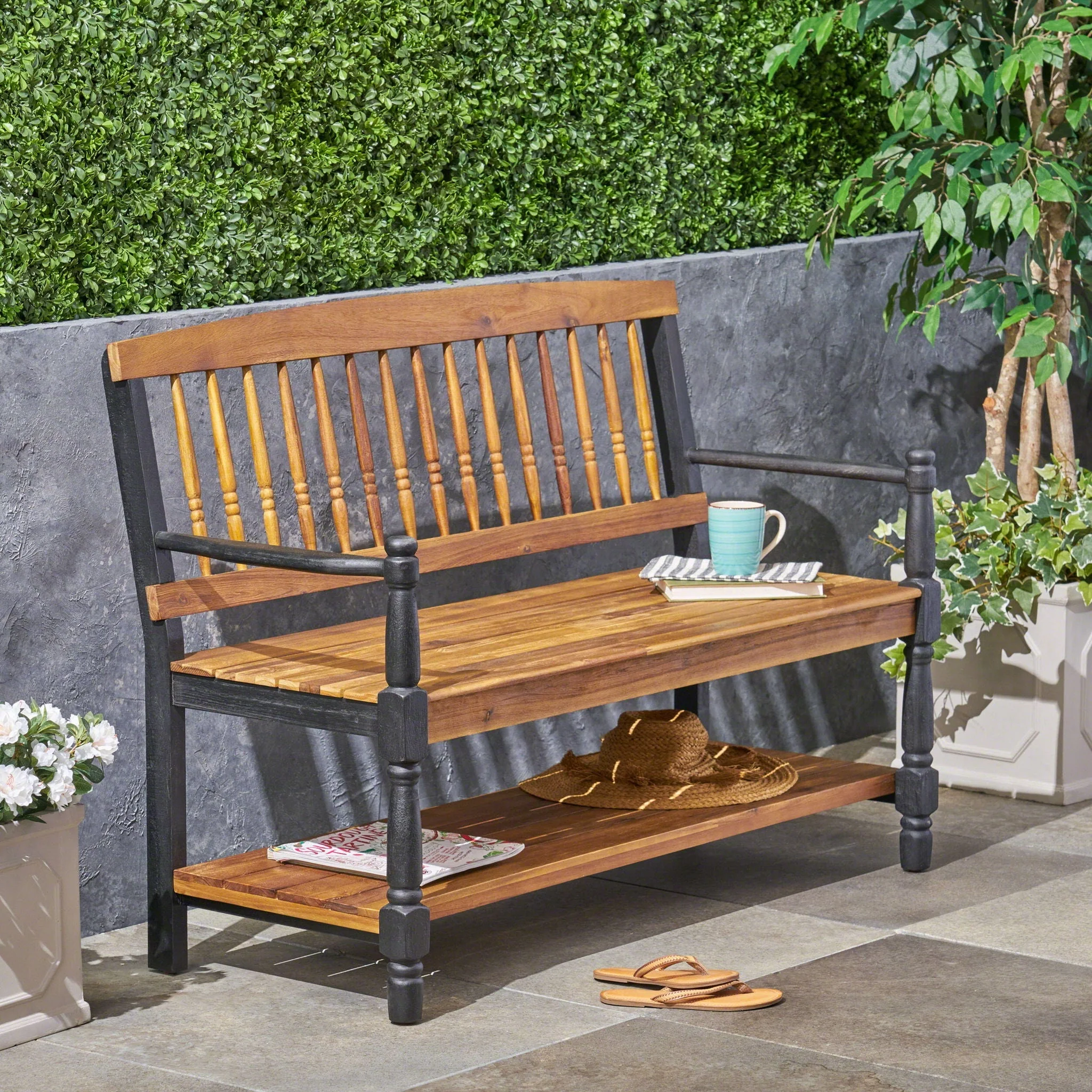Slatted Bench With Built In Shelf - Image 8