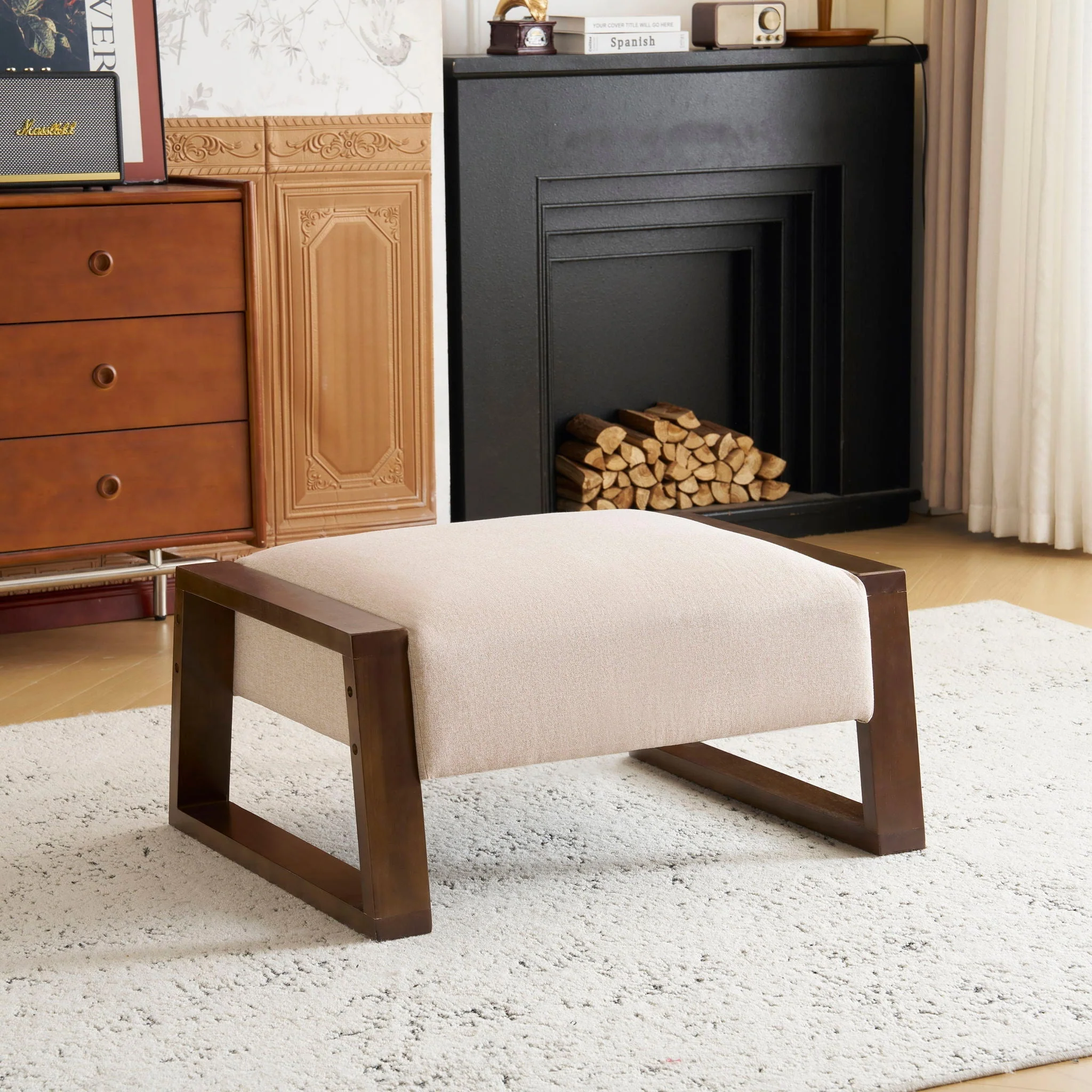 Sleek And Stylish Ottoman Polyester With Rubberwood Legs - Beige - Image 3