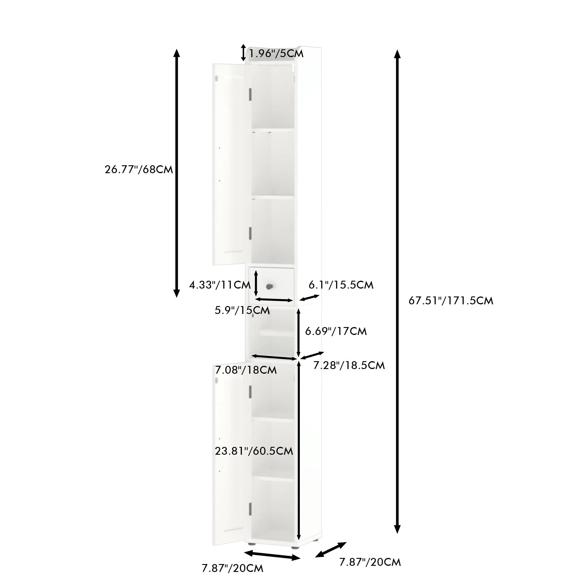 Slim Tall Bathroom Storage Cabinet With Adjustable Shelves, 2 Doors Freestanding Cabinet - White - Image 2