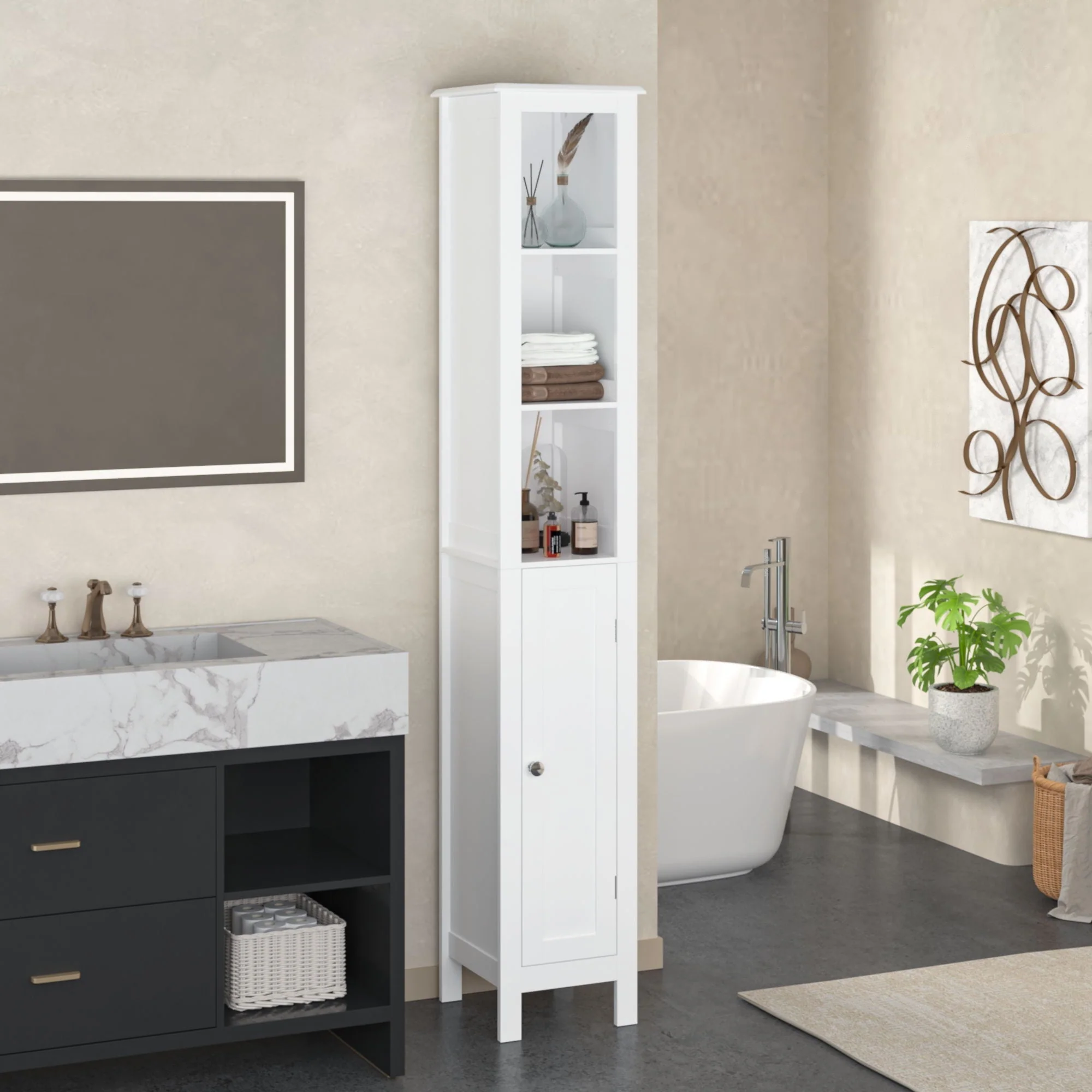 Slim Tall Bathroom Storage Cabinet With Adjustable Shelves, Anti Tip Freestanding Cabinet - White - Image 2