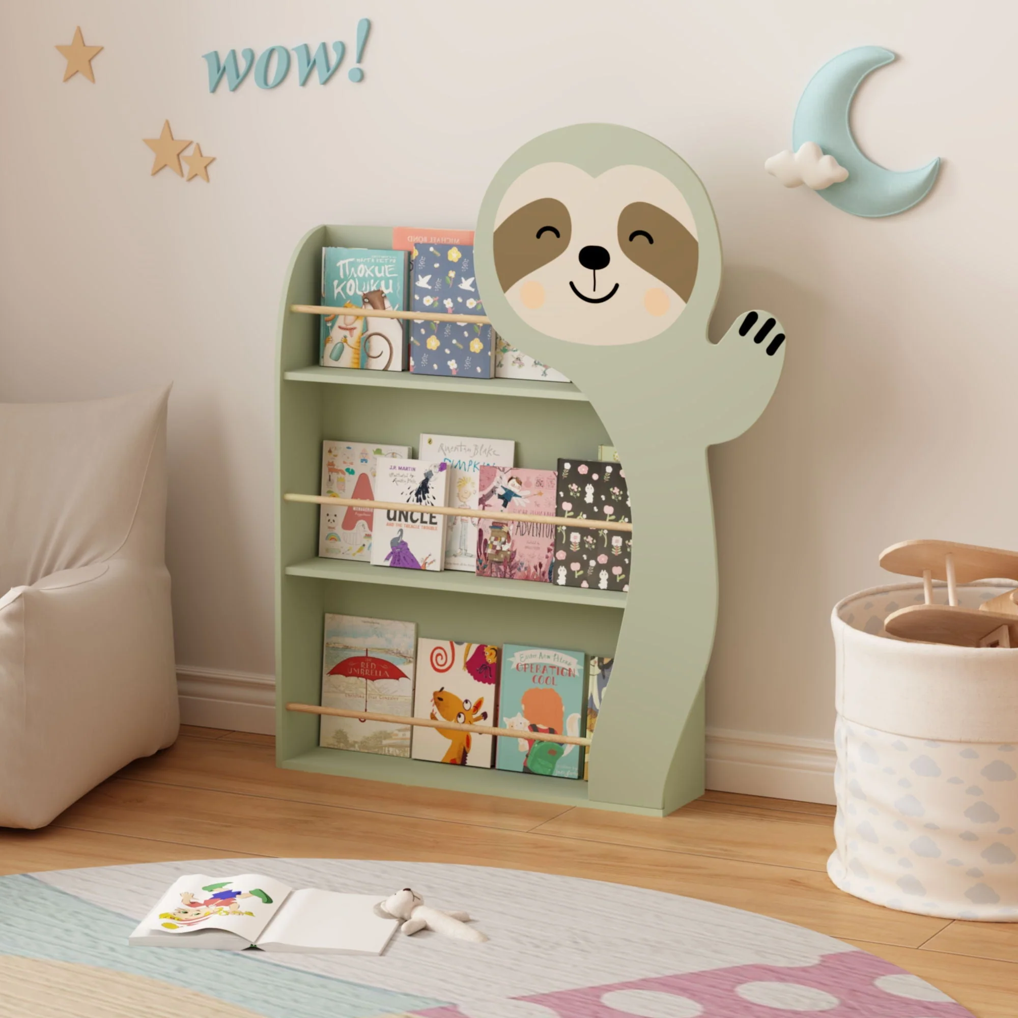 Sloth Bookshelf, Front Facing Toddler Book Display Rack With 3 Tiers, Cute Animal Design - Sage Green - Image 2