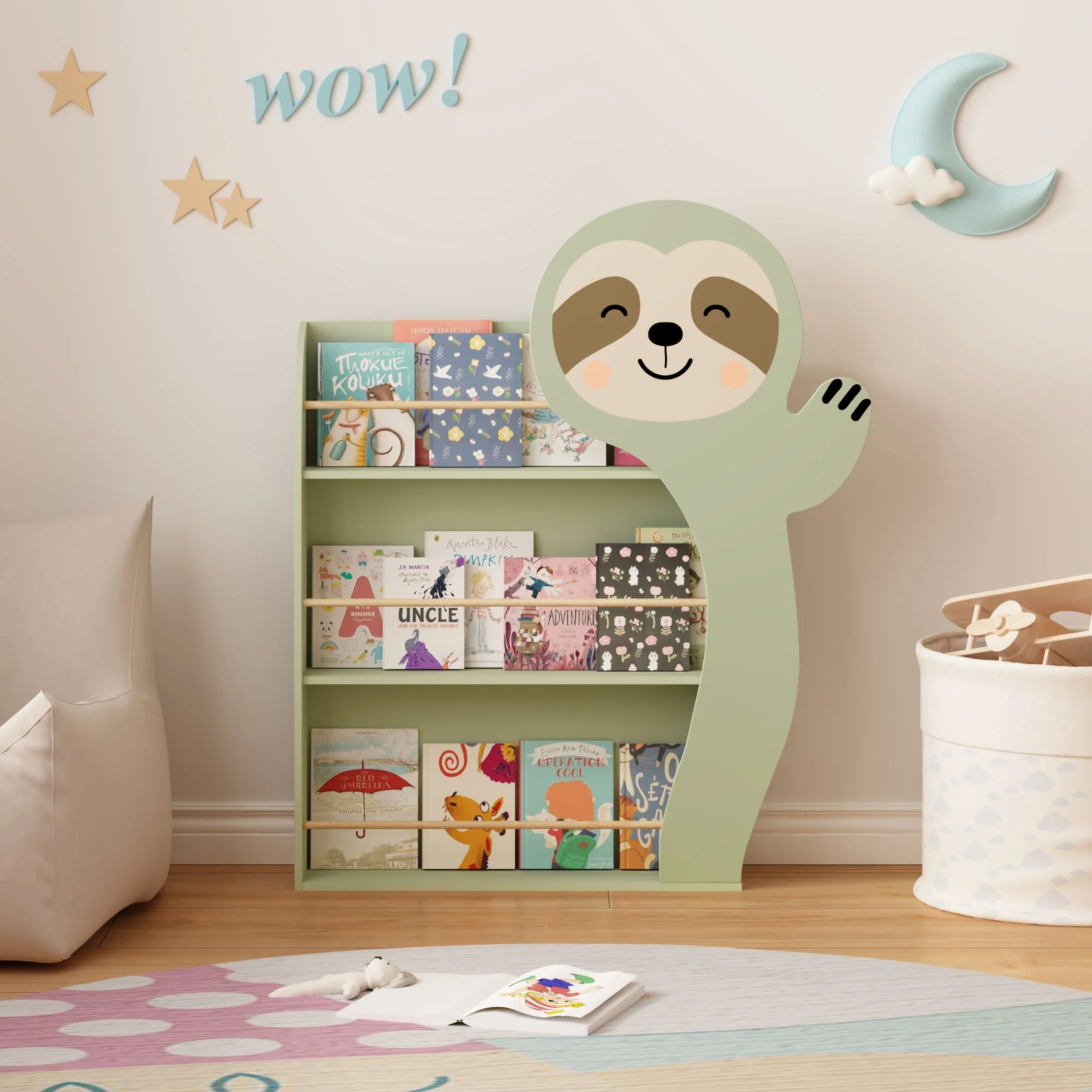 Sloth Bookshelf, Front Facing Toddler Book Display Rack With 3 Tiers, Cute Animal Design - Sage Green - Image 3