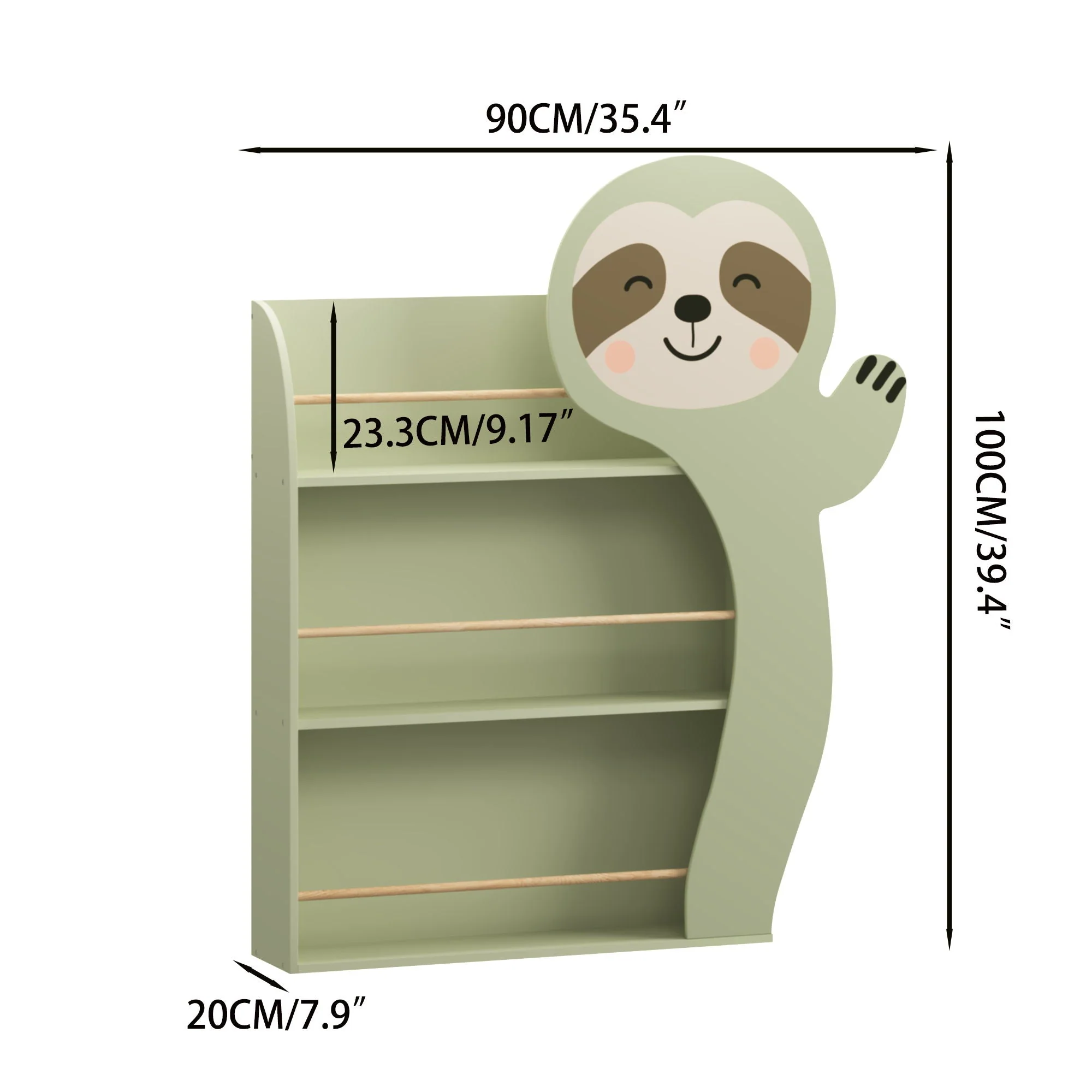 Sloth Bookshelf, Front Facing Toddler Book Display Rack With 3 Tiers, Cute Animal Design - Sage Green - Image 4