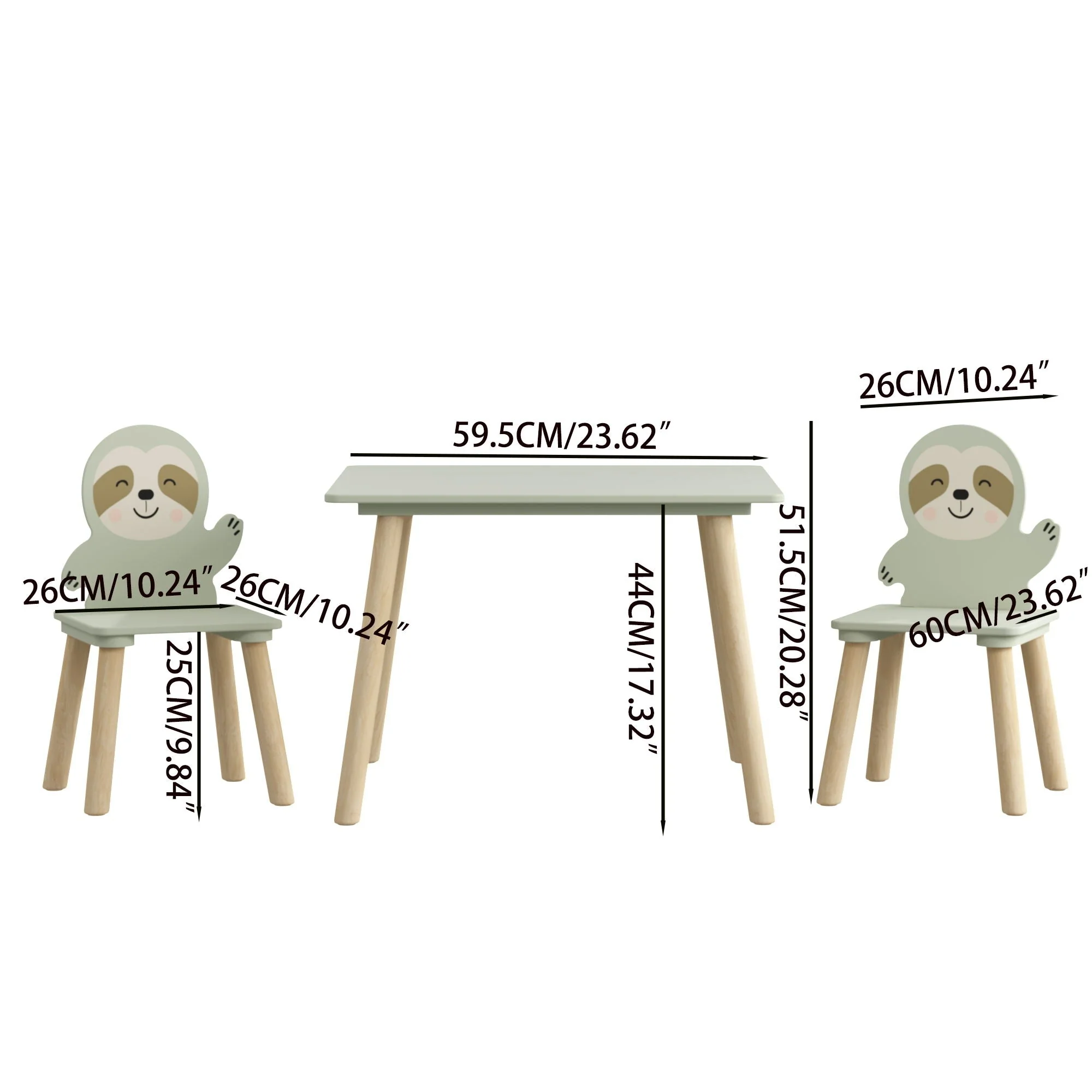 Sloth Themed Table And Chair Set With 2 Cute Animal Chairs - Natural Wood / Sage Green - Image 2