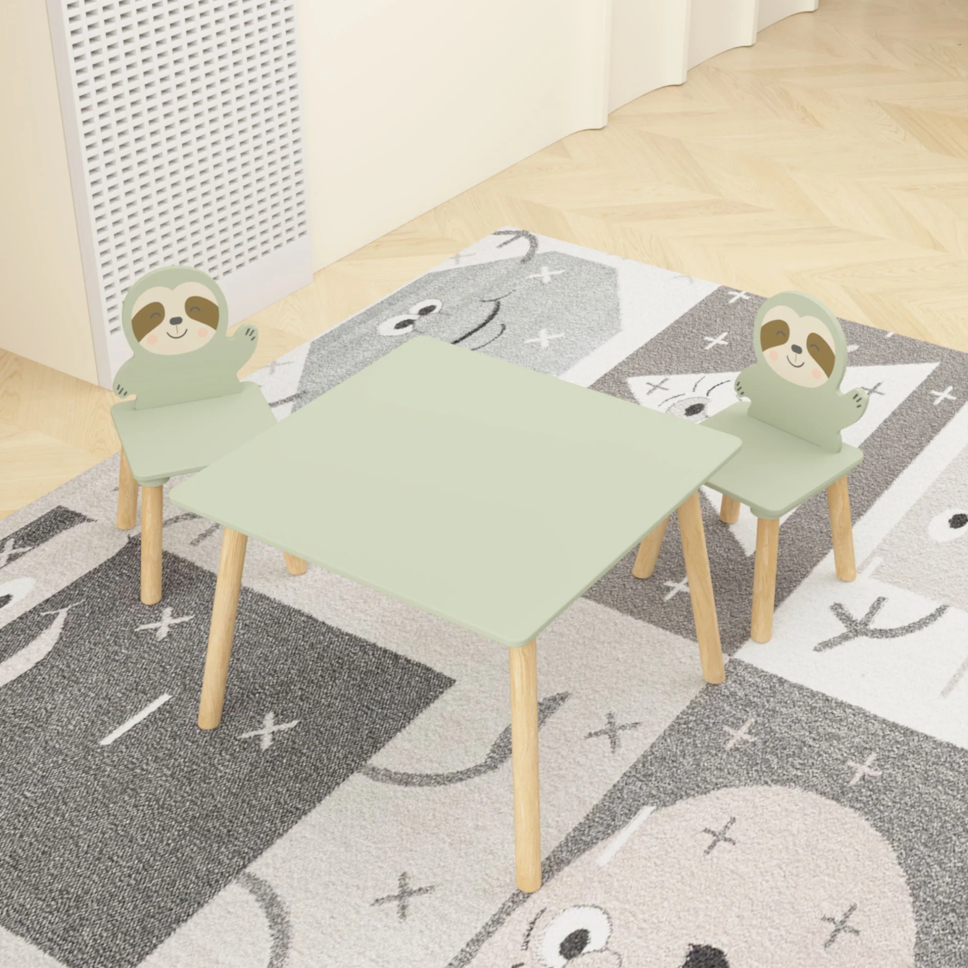 Sloth Themed Table And Chair Set With 2 Cute Animal Chairs - Natural Wood / Sage Green - Image 3