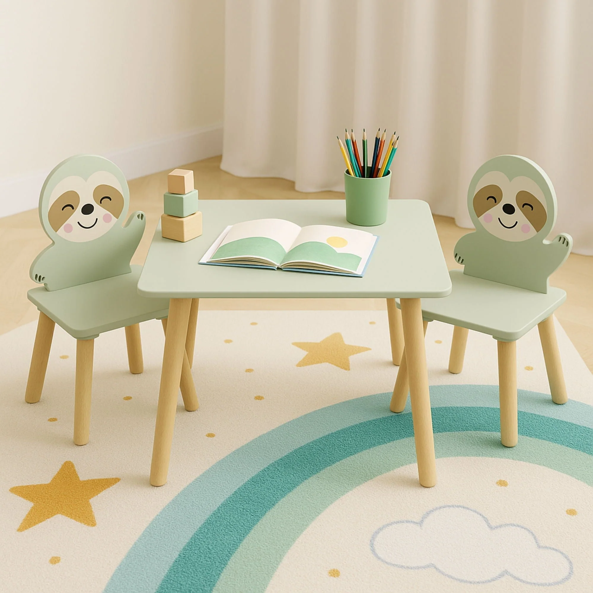 Sloth Themed Table And Chair Set With 2 Cute Animal Chairs - Natural Wood / Sage Green - Image 4
